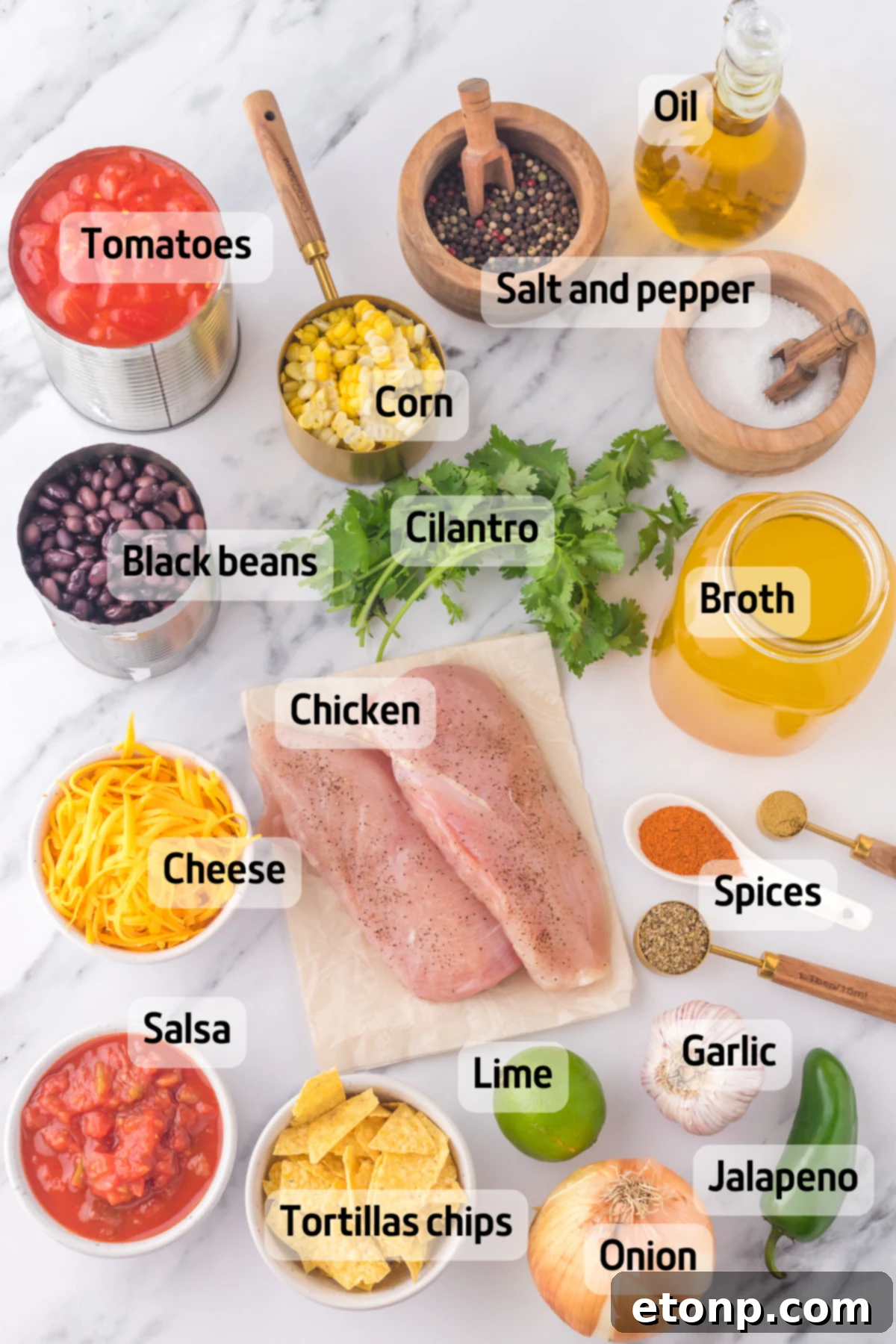 An overhead view showcasing all the fresh and canned ingredients meticulously laid out, ready for making this delicious chicken taco soup recipe.