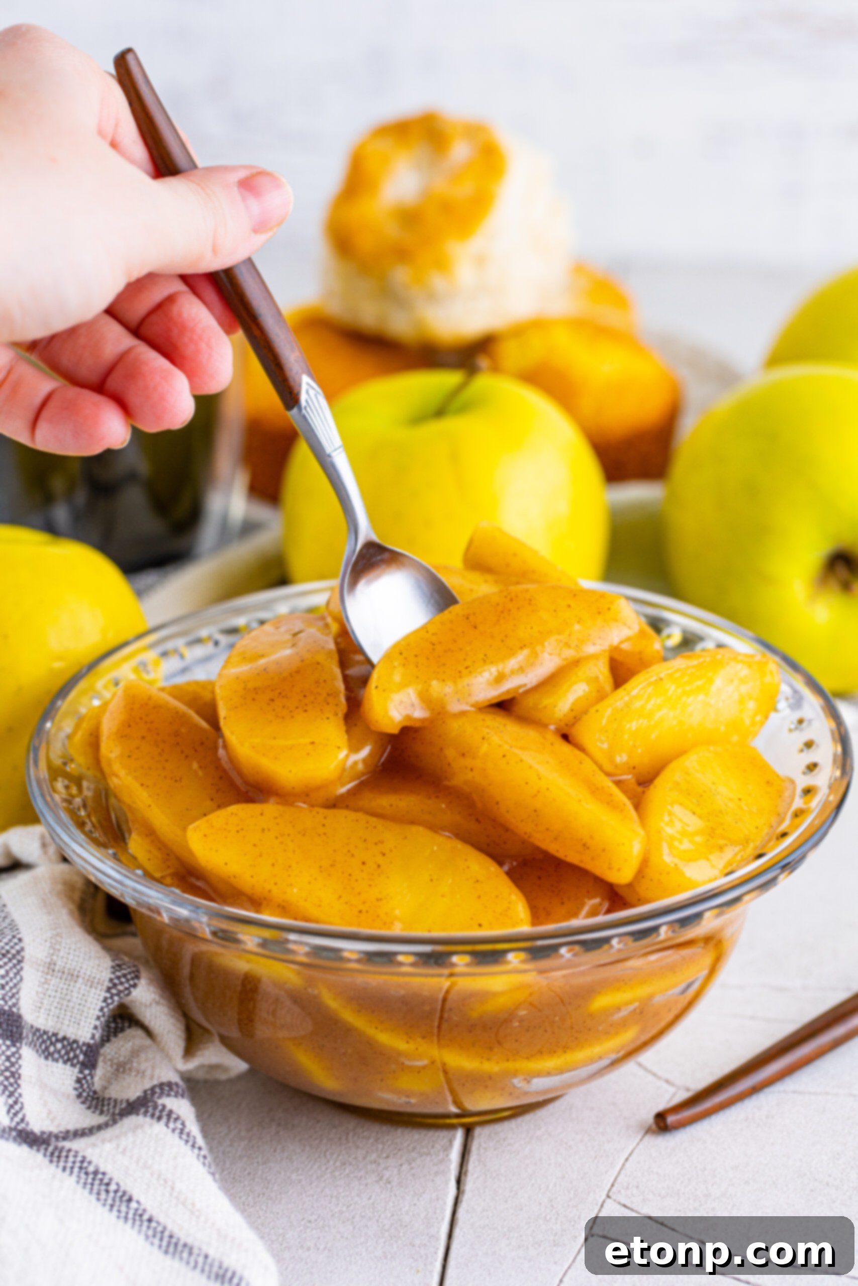Front view of Cracker Barrel Fried Apples in a clear glass bowl with a silver spoon, inviting you to take a bite.