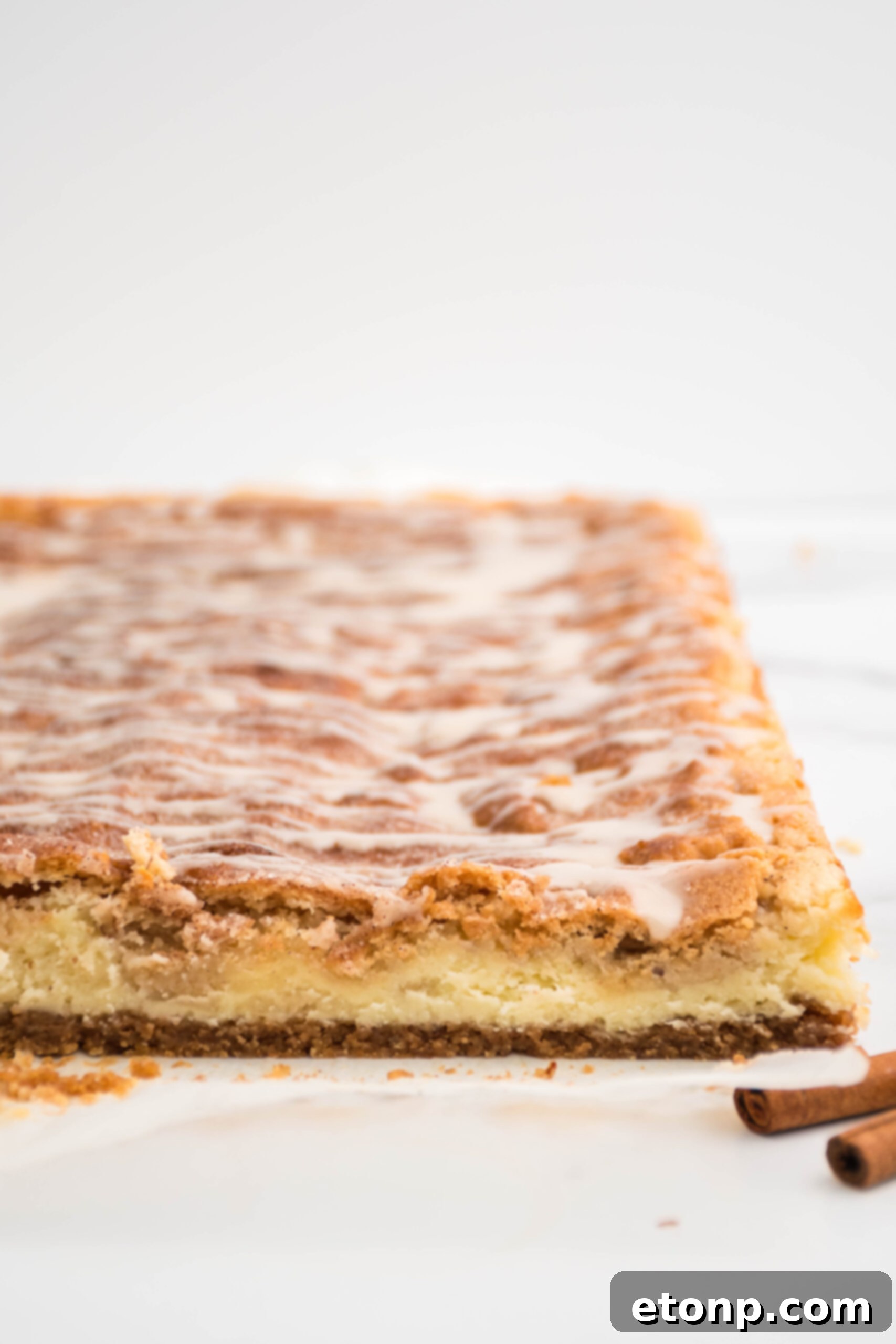 Front view of Snickerdoodle Cheesecake Bars uncut.