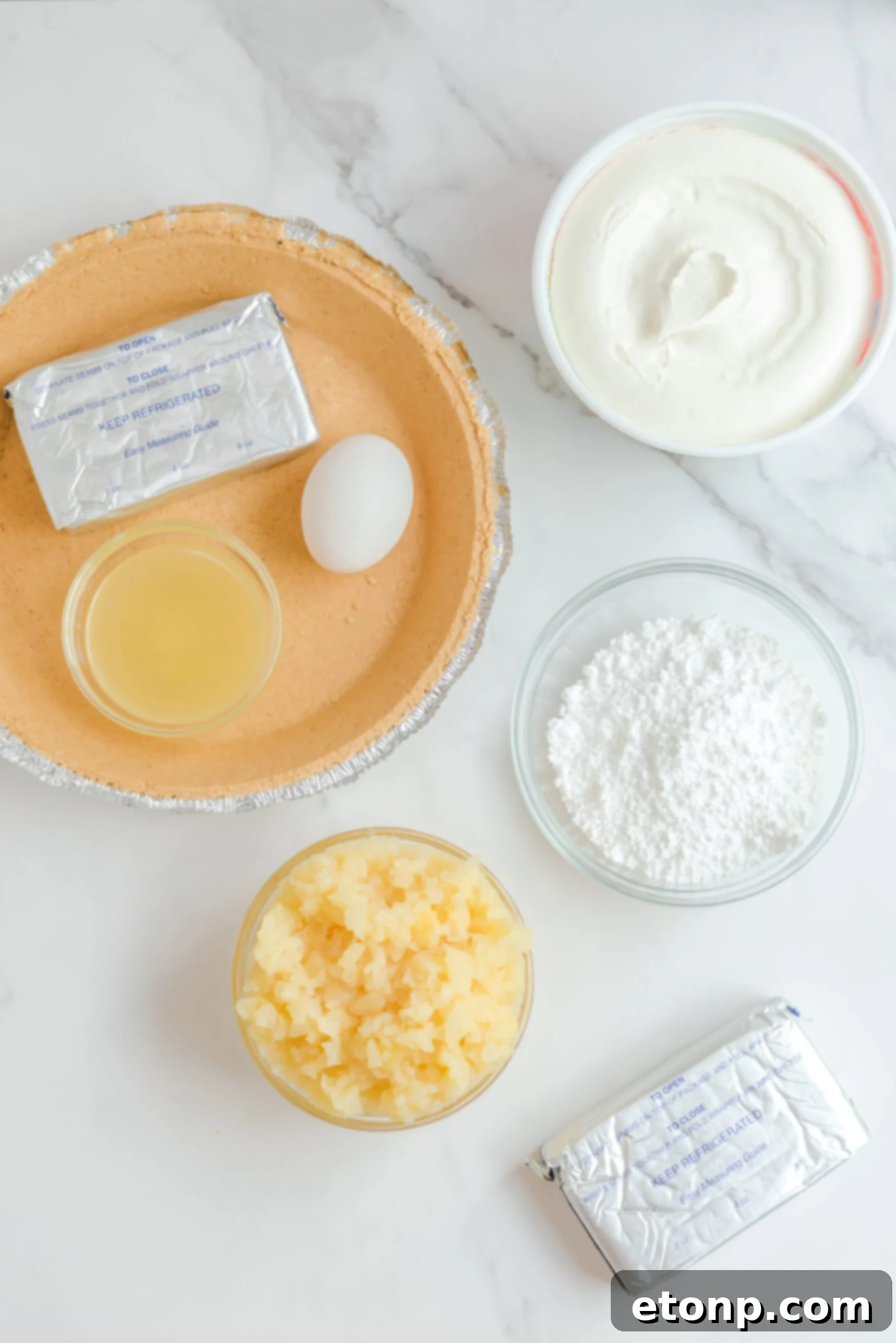 Chilled Pineapple Cheesecake Bliss 8 Overhead view of the ingredients needed to complete this recipe.