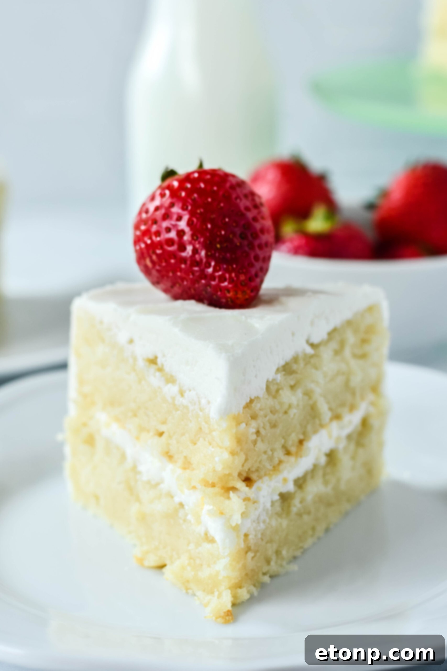 Front view of a slice of Classic Vanilla Cake on a white plate garnished with a strawberry, emphasizing its delightful texture.