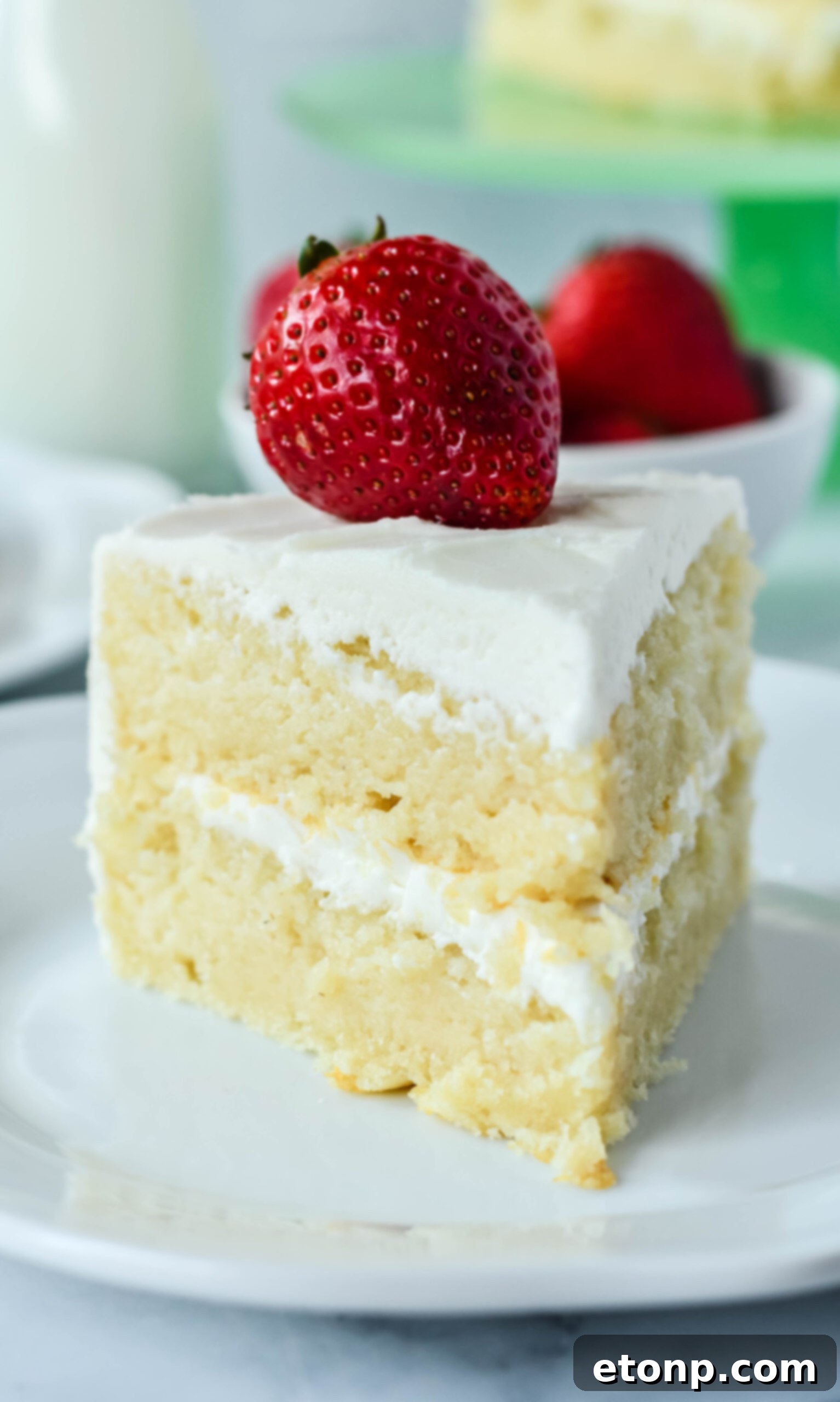 Front view of a slice of Classic Vanilla Cake on a white plate garnished with a strawberry, perfect for a special treat.