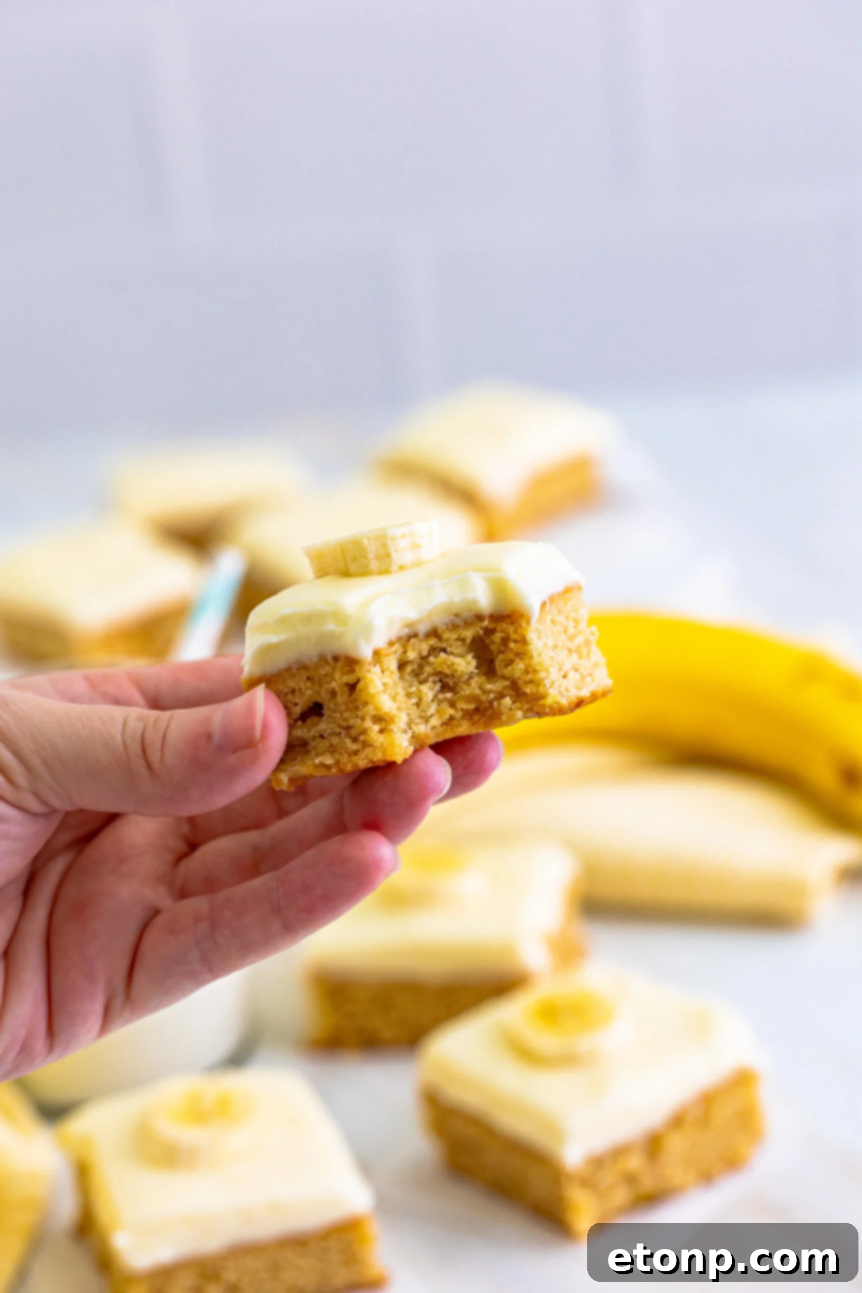 Ultimate Banana Brownies 5 Front view of a Banana Brownie being held, with a bite playfully removed.