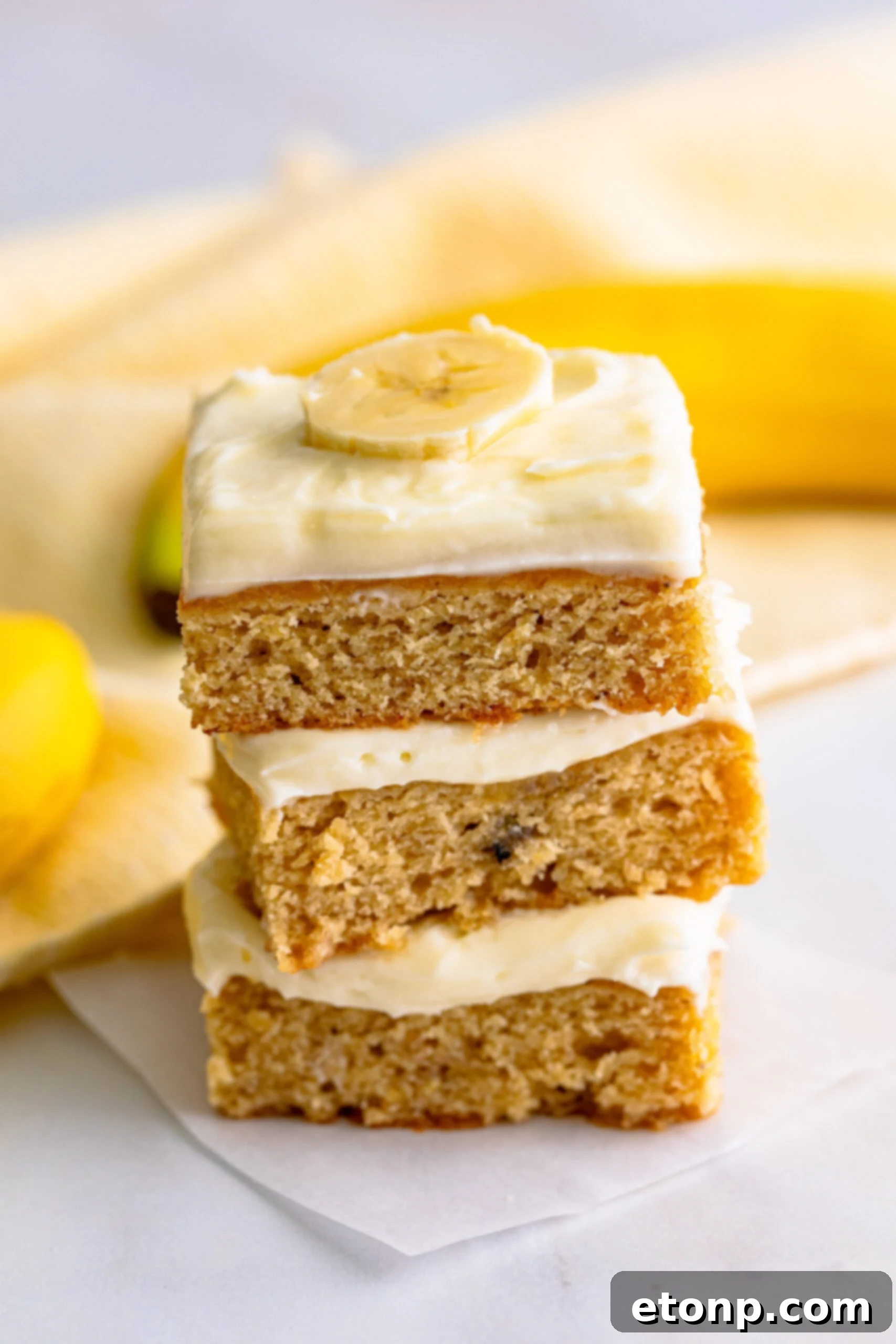 Ultimate Banana Brownies 10 Front view of three perfectly baked Banana Brownies stacked neatly.