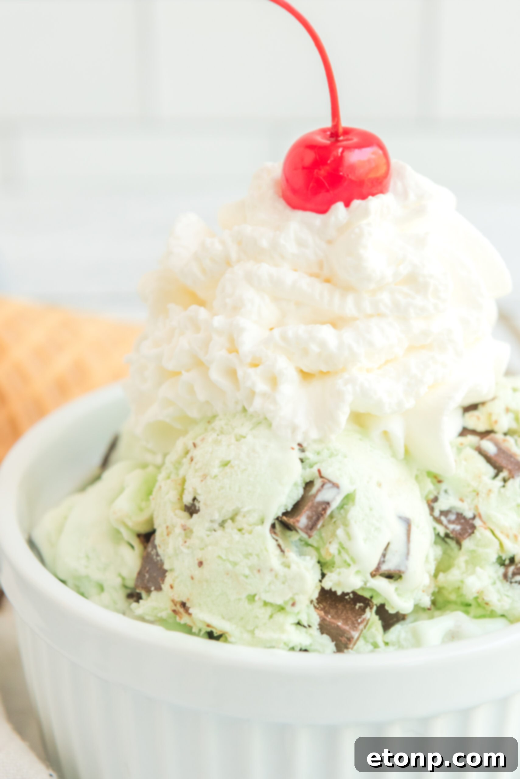 Close up view of scoops of Mint Chocolate Chip Ice Cream in a white bowl garnished with whipped cream and cherry.