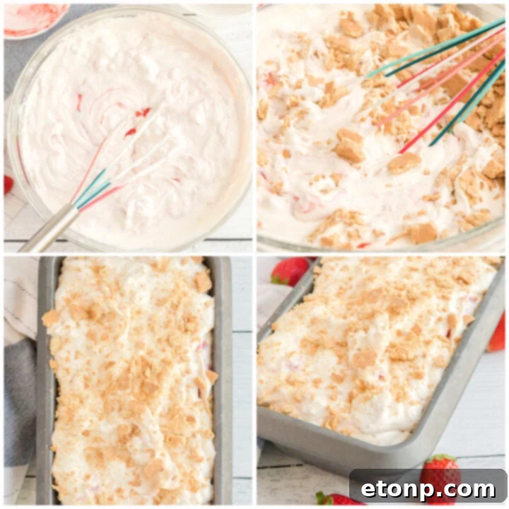 collage of how to make the strawberry cheesecake ice cream