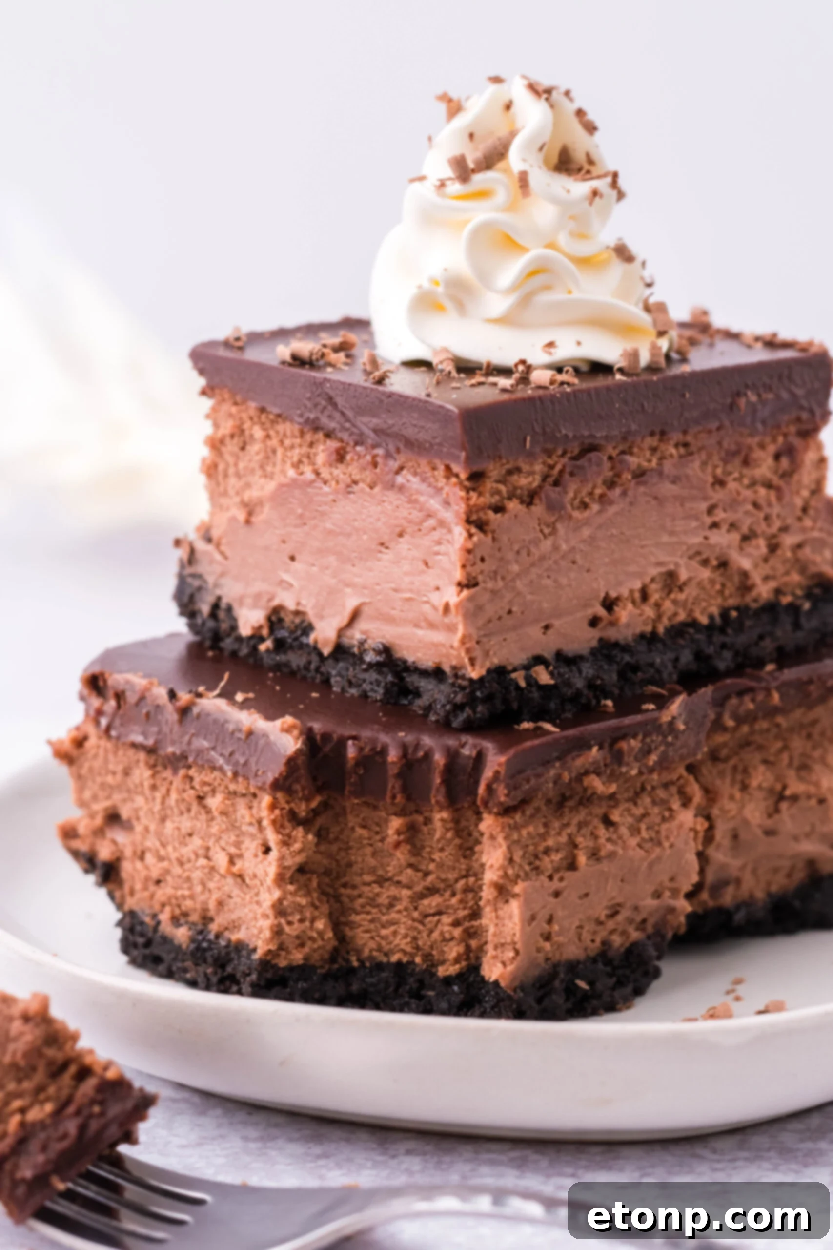 Two Chocolate Cheesecake bars topped on top of each other topped with whipped cream and chocolate shavings. 
