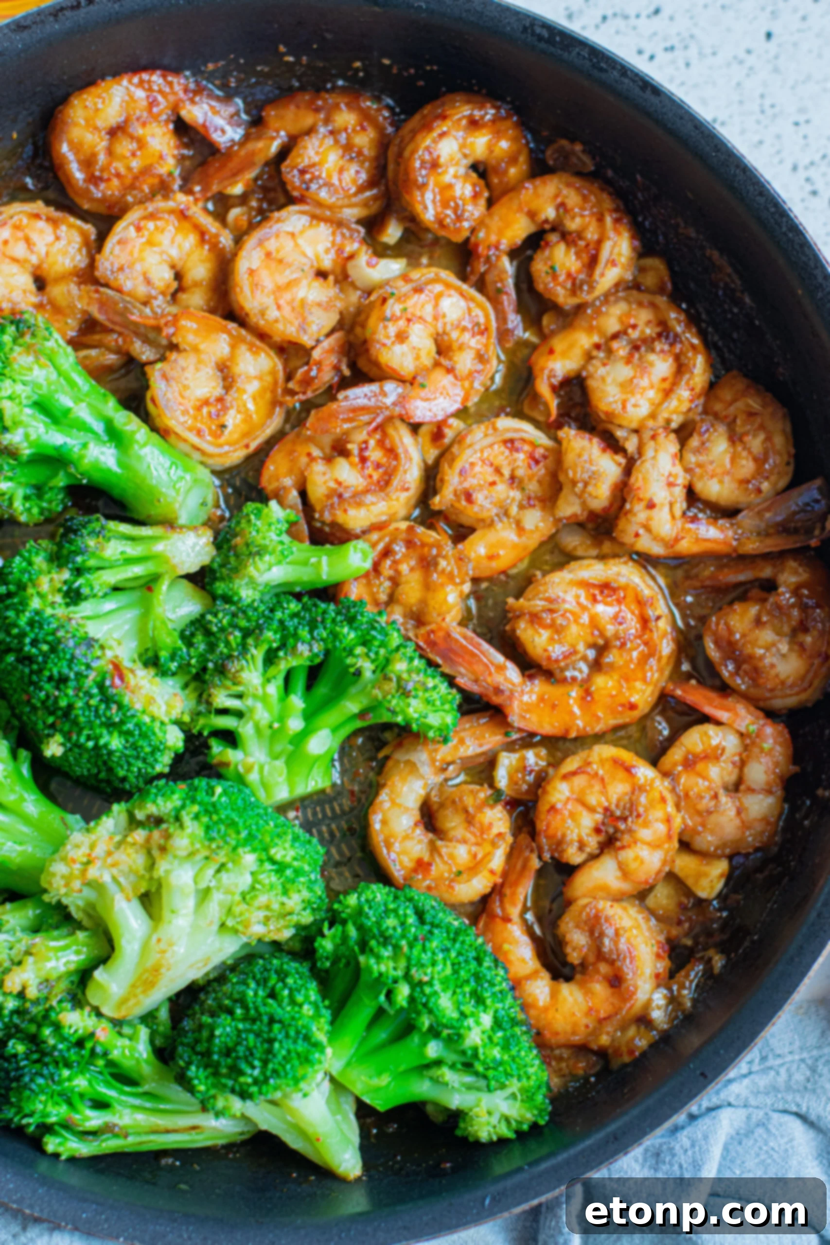 Garlic Shrimp and Broccoli Skillet 2 Overhead view of shrimp and broccoli skillet.