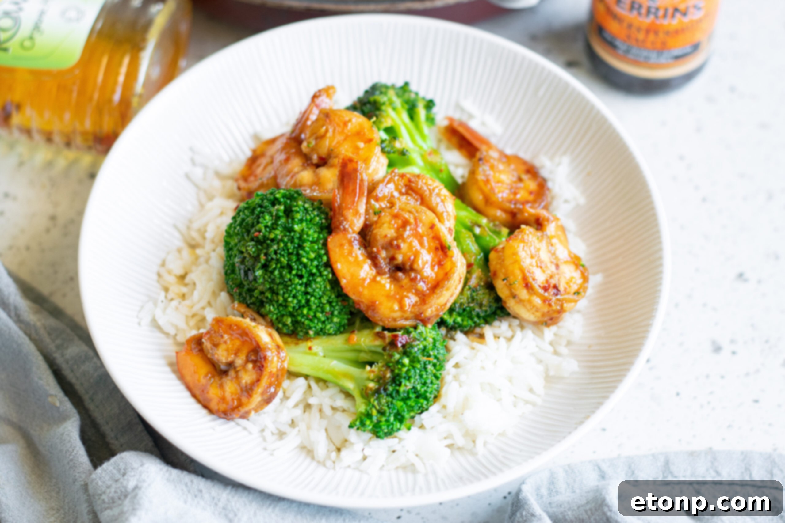 Garlic Shrimp and Broccoli Skillet 11 Overhead shot of the shrimp and broccoli plated over rice.