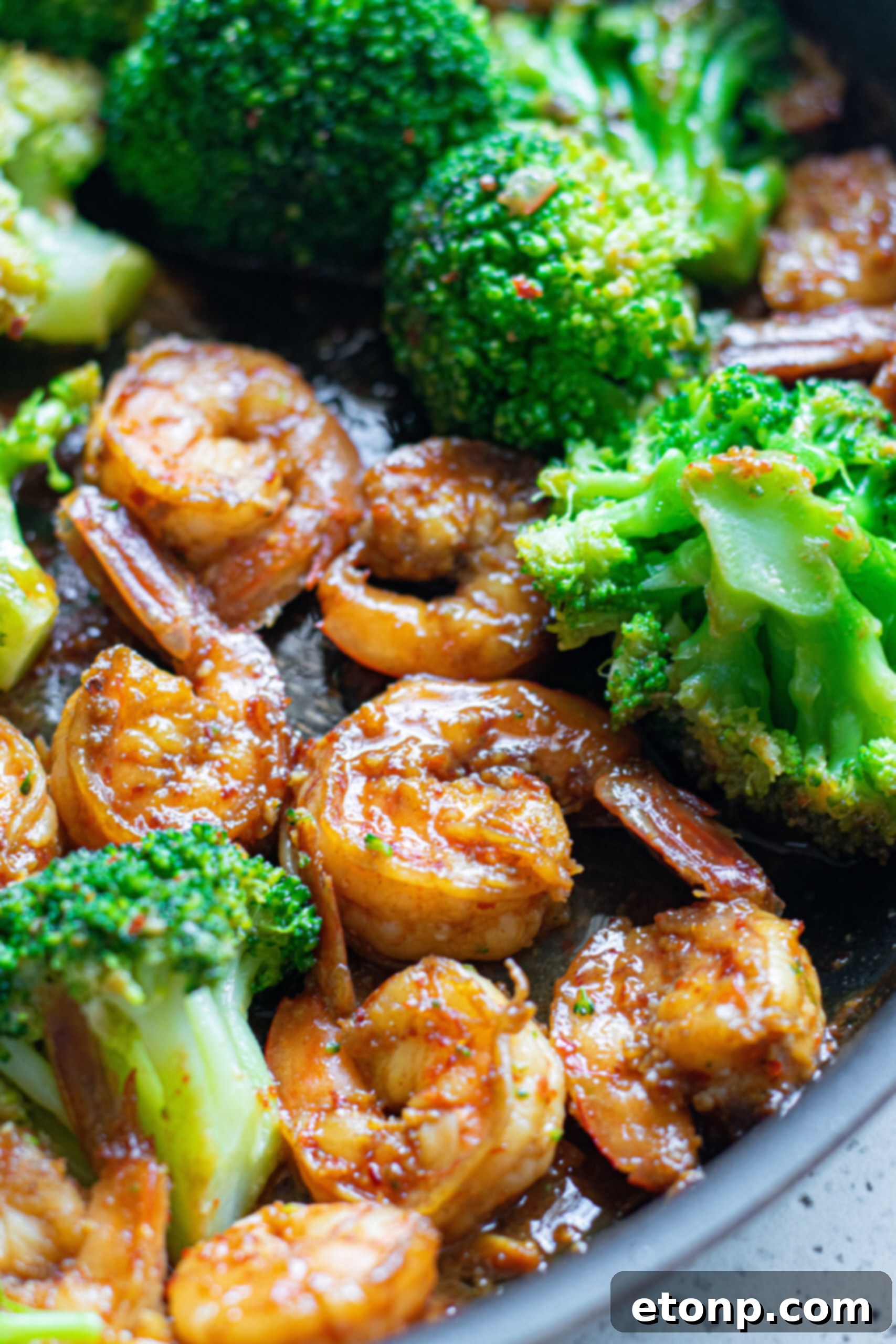 Garlic Shrimp and Broccoli Skillet 7 Overhead view of shrimp and broccoli skillet.