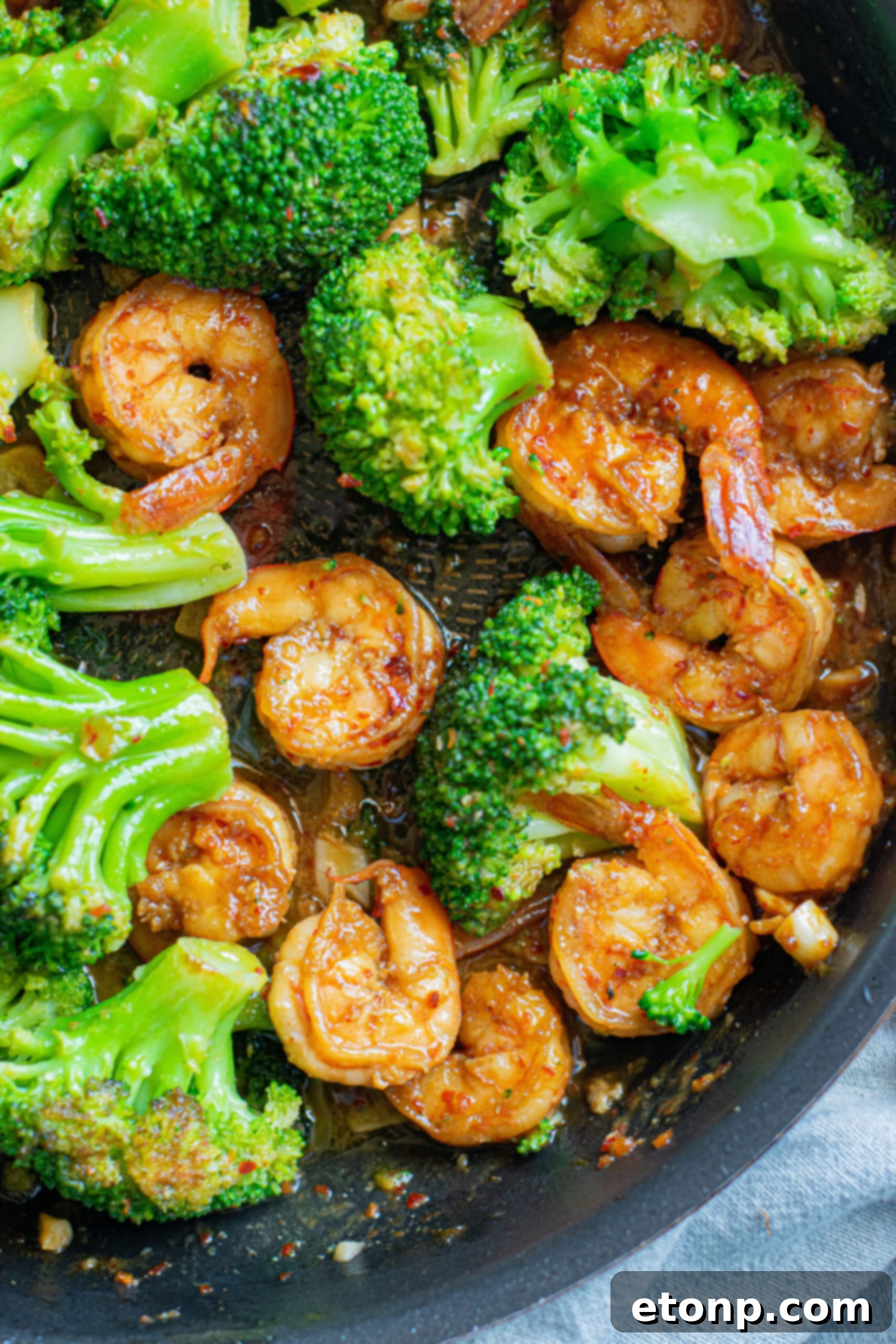 Garlic Shrimp and Broccoli Skillet 9 Overhead view of shrimp and broccoli skillet.