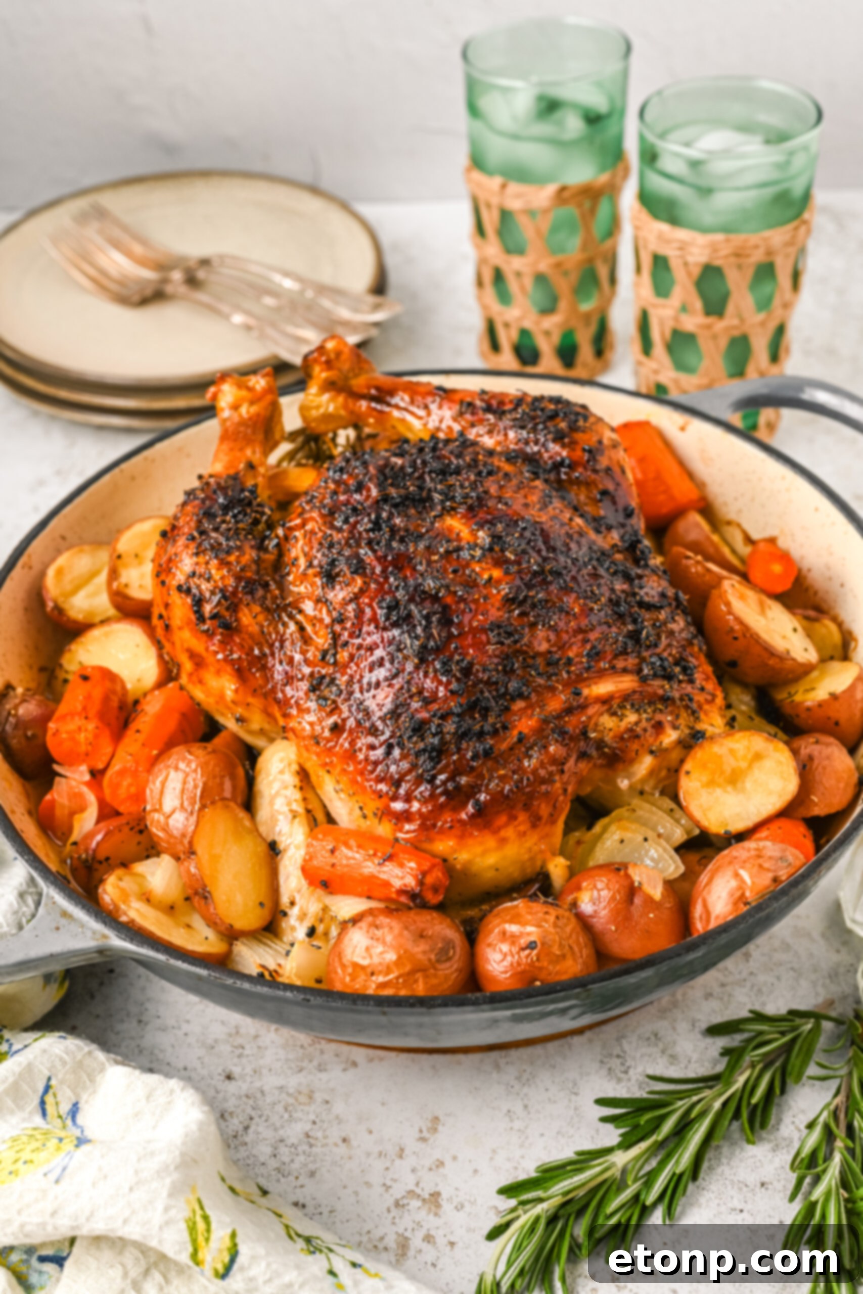 Golden Roasted Chicken and Garden Vegetables 2 Front view of Oven Baked Chicken and Vegetables in a baking dish.