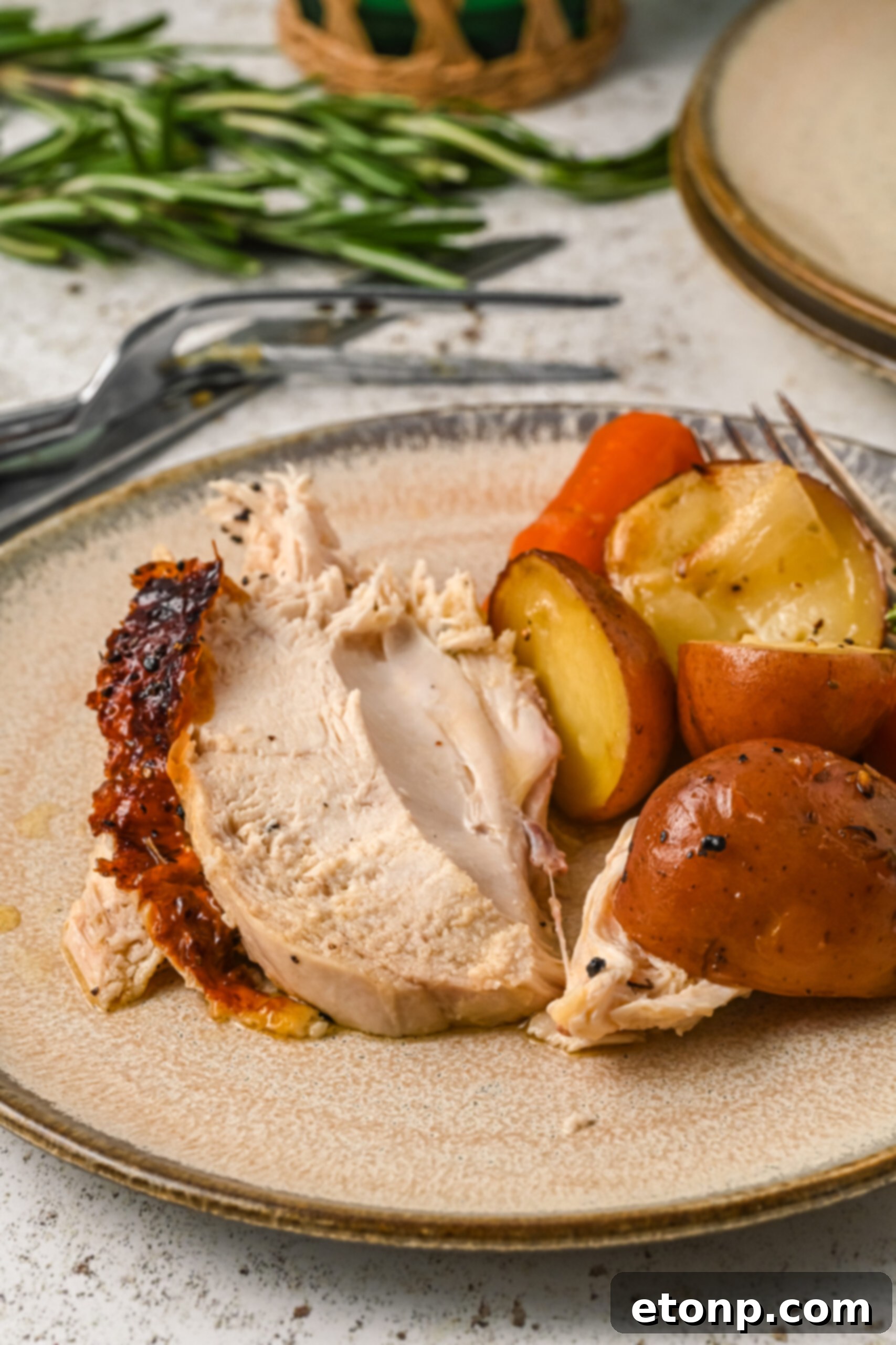 Golden Roasted Chicken and Garden Vegetables 14 Front view of a serving of Oven Baked Chicken and Vegetables on a plate.