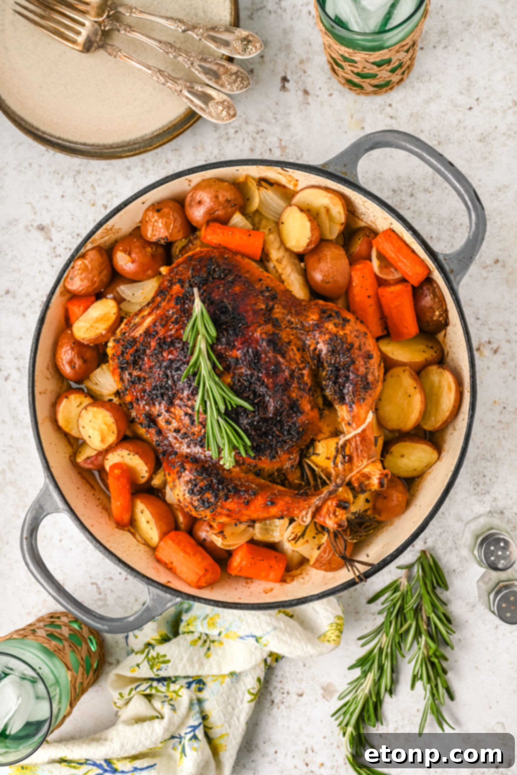 Golden Roasted Chicken and Garden Vegetables 3 Overhead view of Oven Baked Chicken and Vegetables in a baking dish.