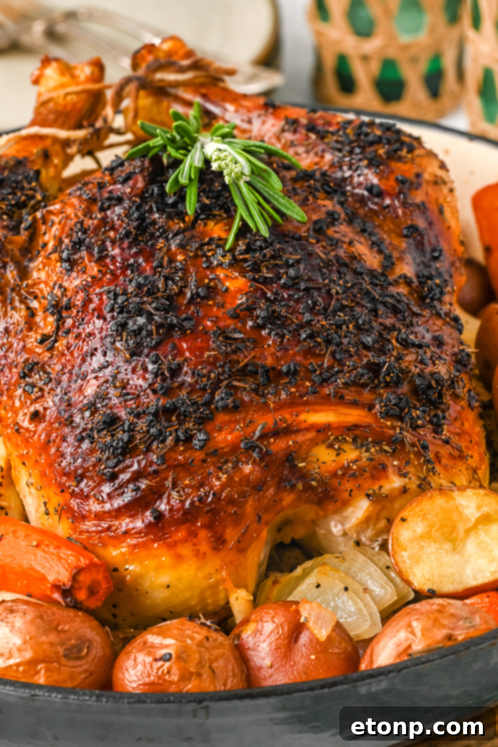 Golden Roasted Chicken and Garden Vegetables 5 Close up view of Oven Baked Chicken and Vegetables in a baking dish.
