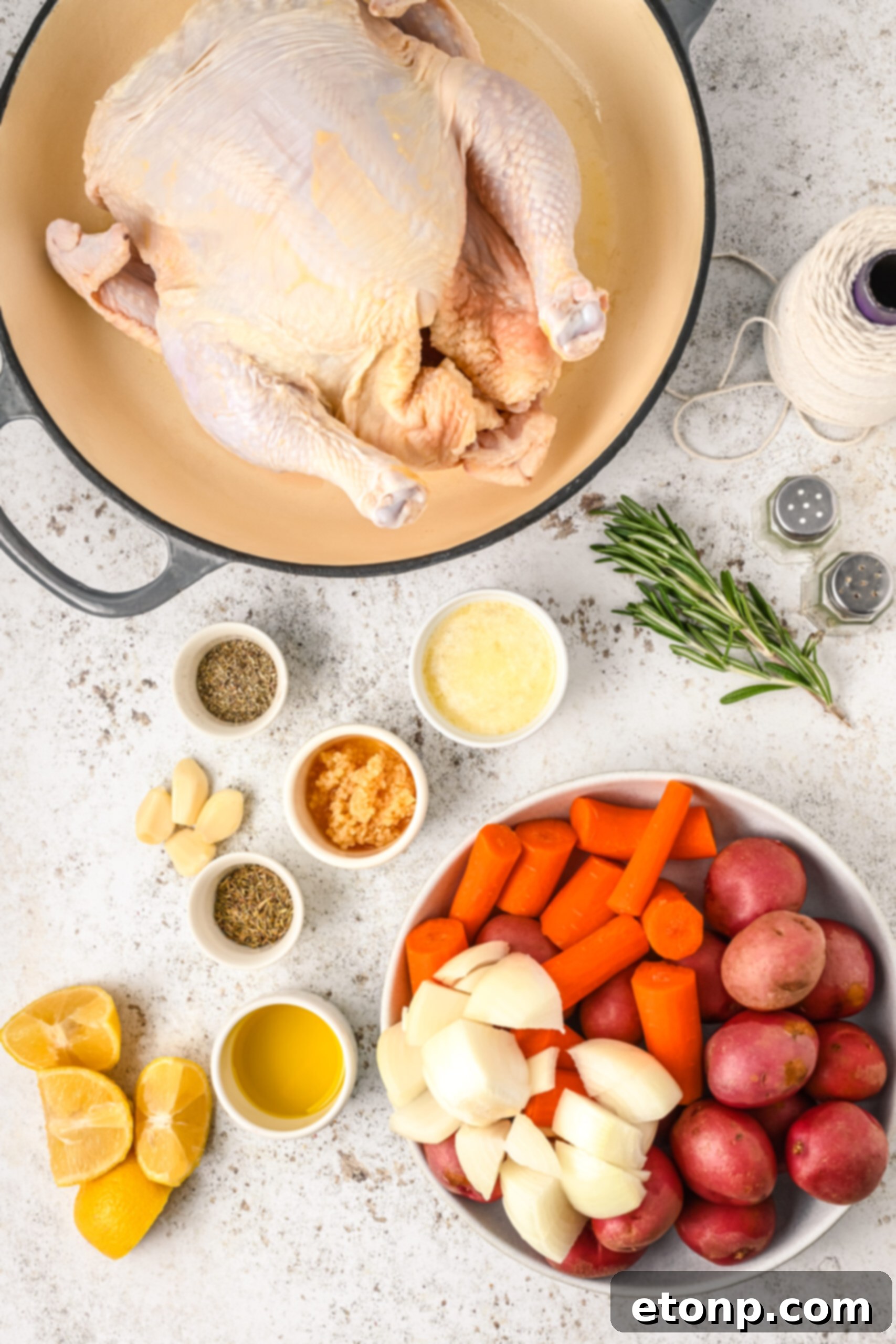 Golden Roasted Chicken and Garden Vegetables 6 Overhead view of the ingredients needed to complete this recipe.