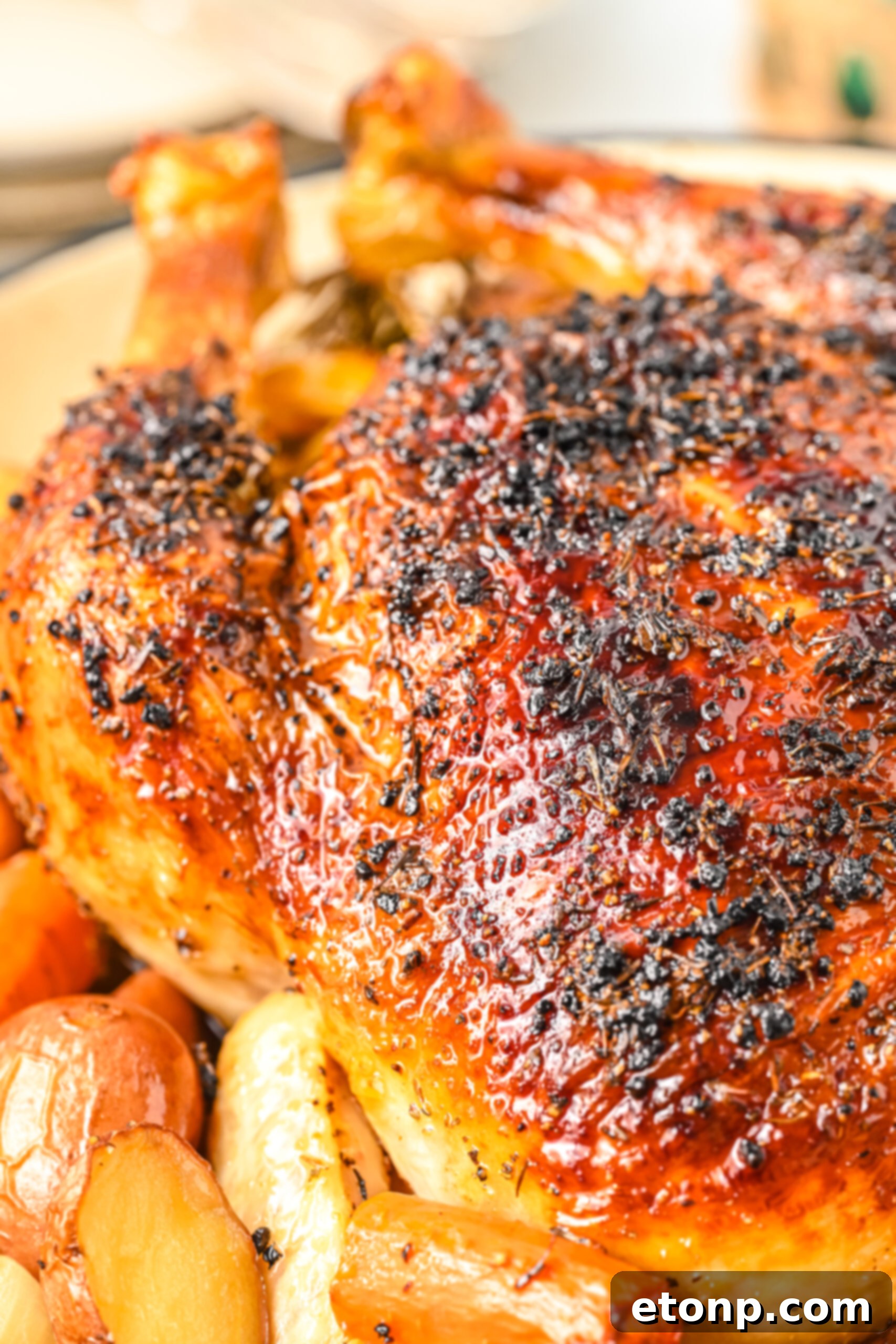 Golden Roasted Chicken and Garden Vegetables 8 Close up view of Oven Baked Chicken and Vegetables.