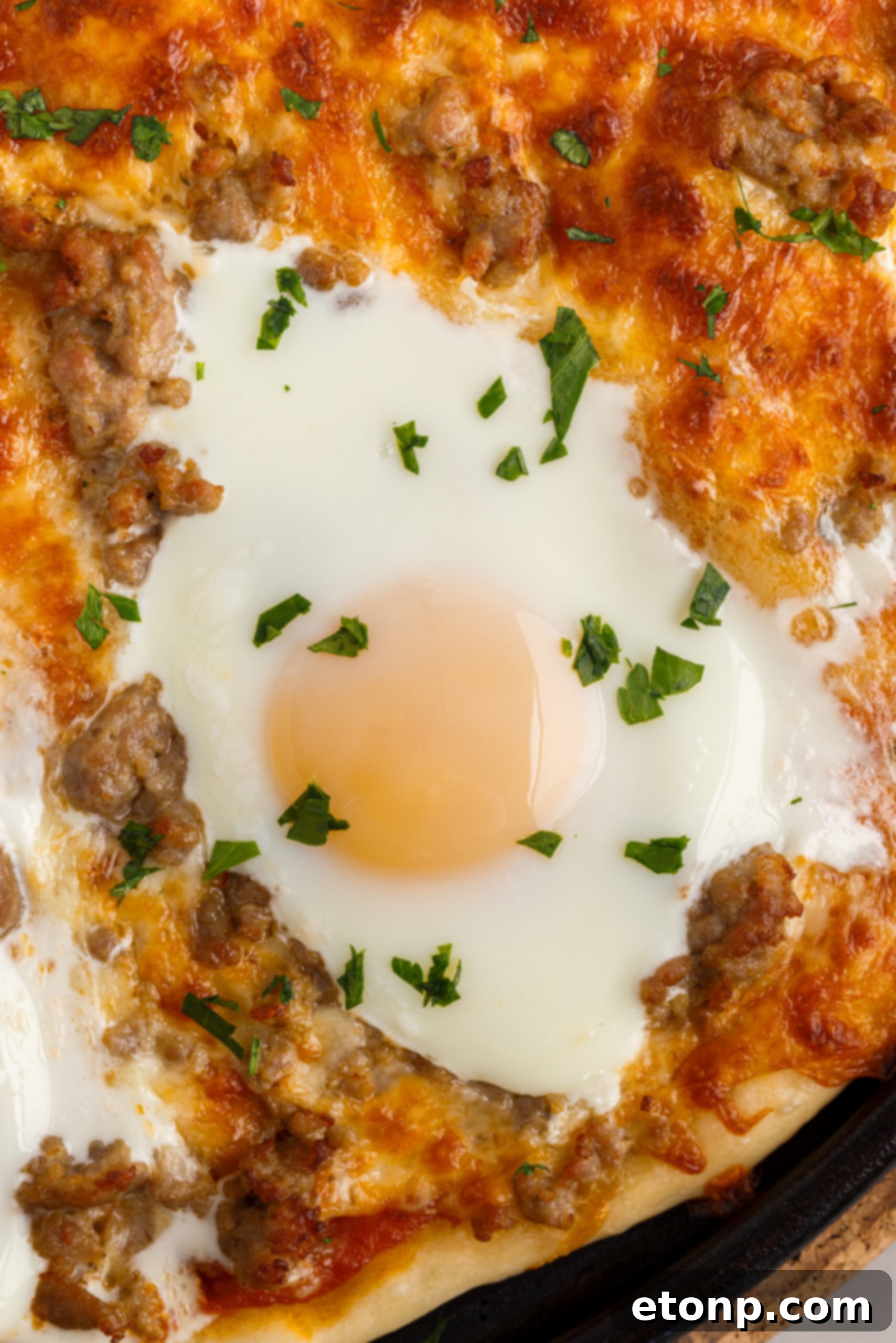 Close up view of Breakfast Pizza.