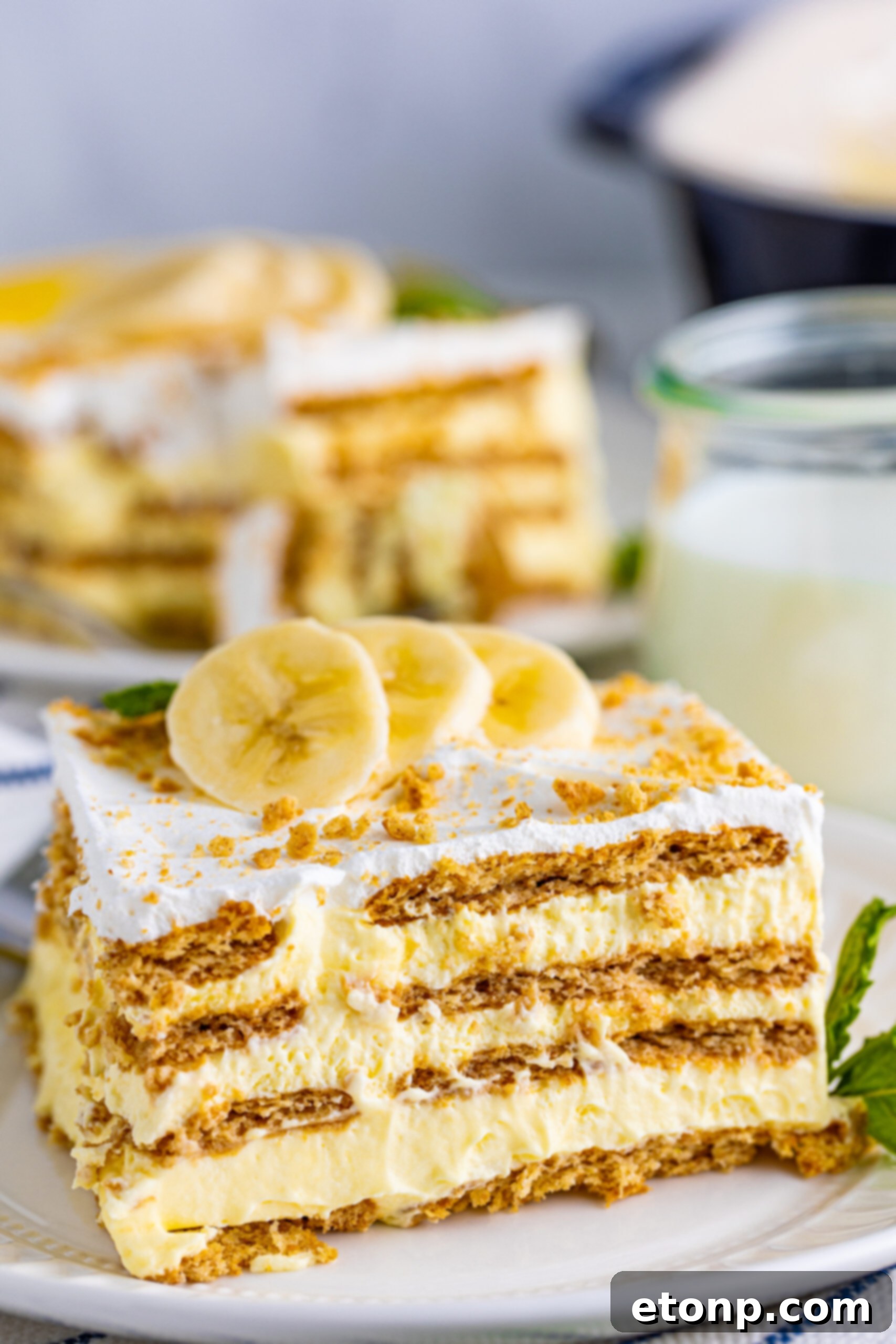 A perfectly sliced piece of Banana Icebox Cake, featuring visible layers of creamy filling and softened graham crackers, presented on a pristine white plate.
