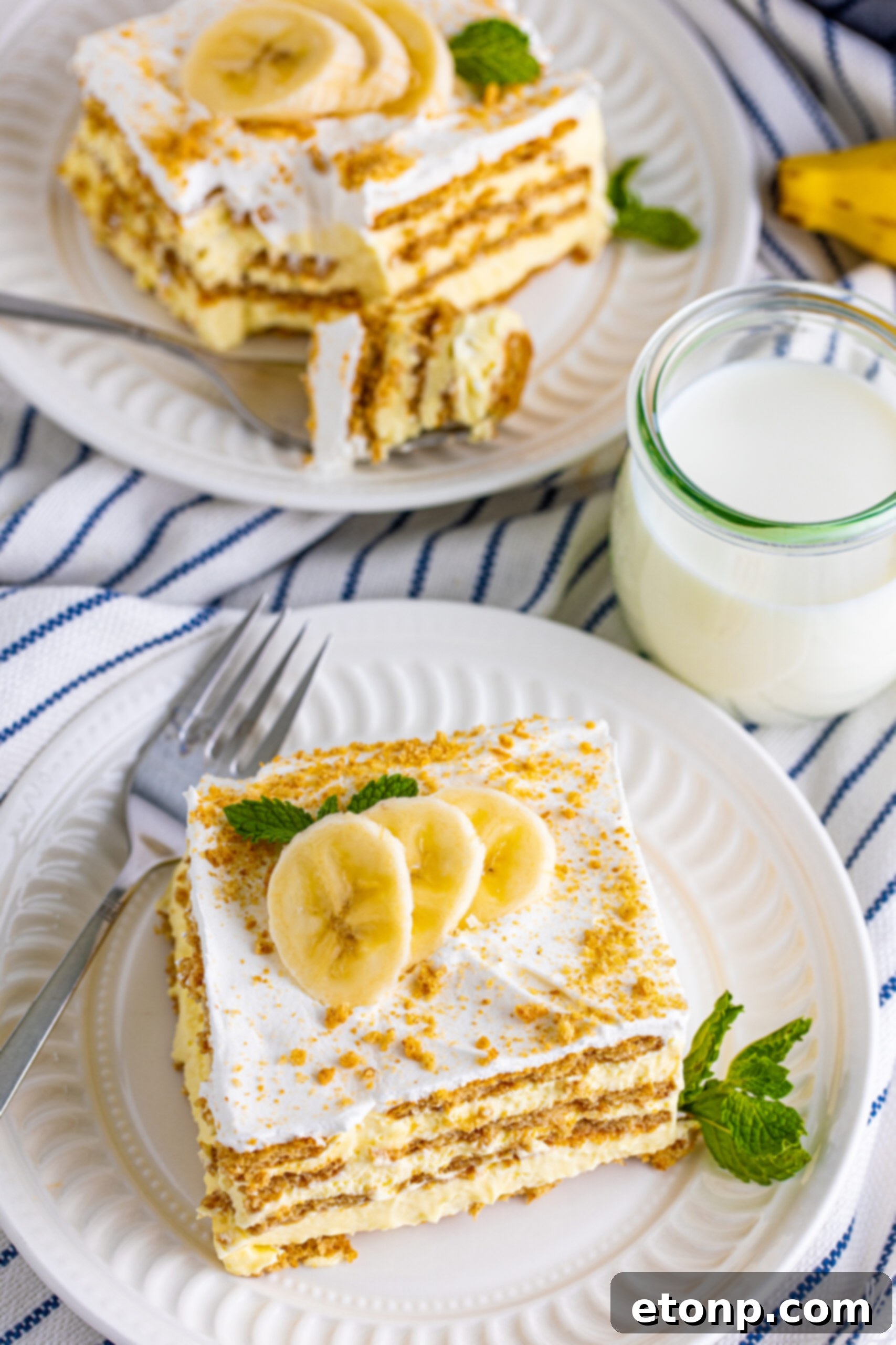 An overhead shot showcasing a perfect slice of Banana Icebox Cake nestled on a white plate, highlighting its smooth layers and inviting texture.