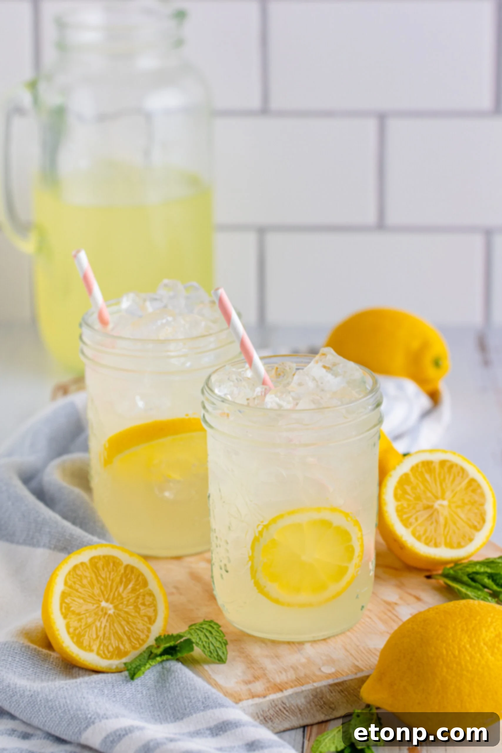 Two mason jars filled with sparkling homemade lemonade, garnished with fresh lemon slices, evoke a refreshing summer day.