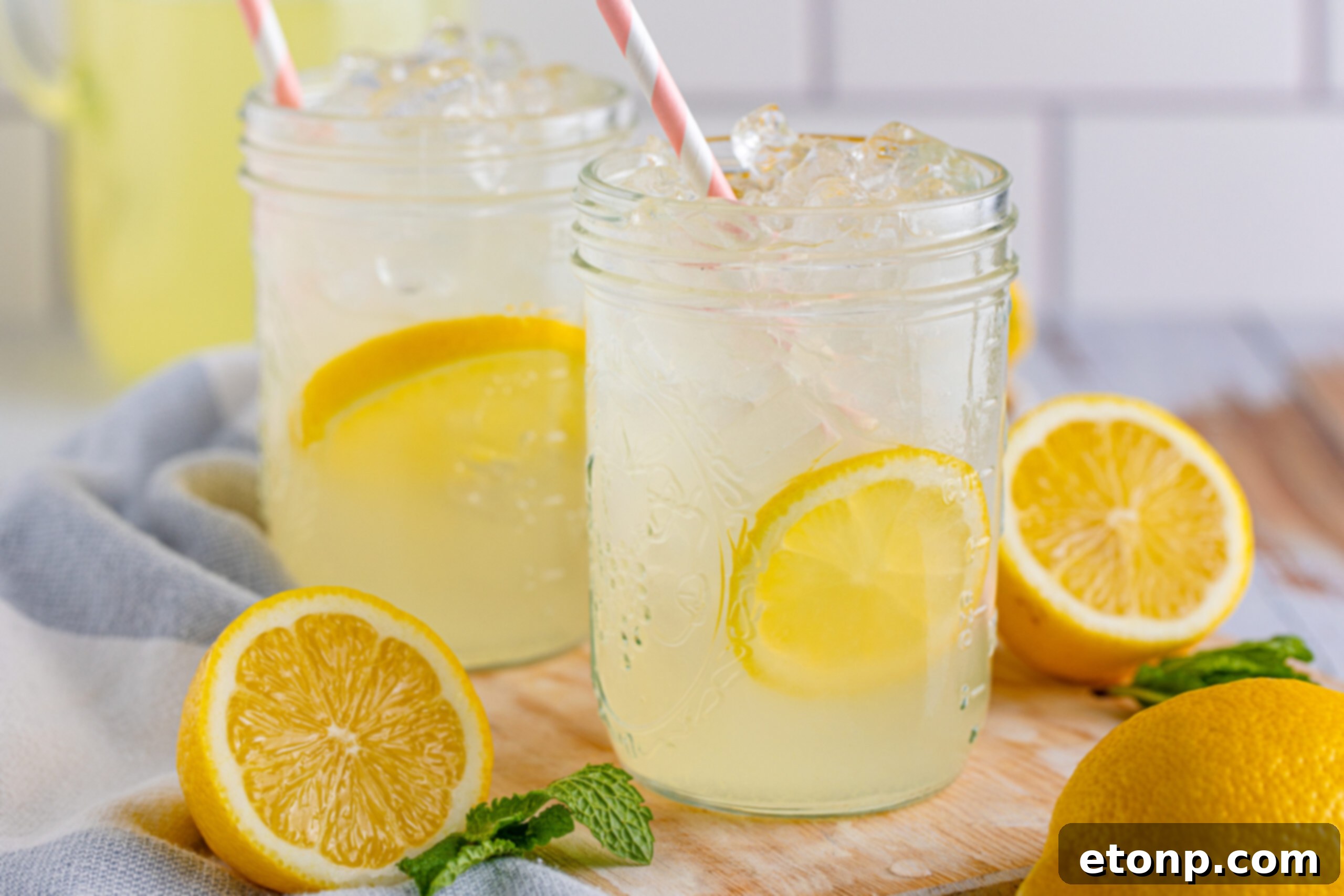 Wide shot of homemade lemonade in mason jars, bathed in natural light, evoking a sense of refreshing simplicity.