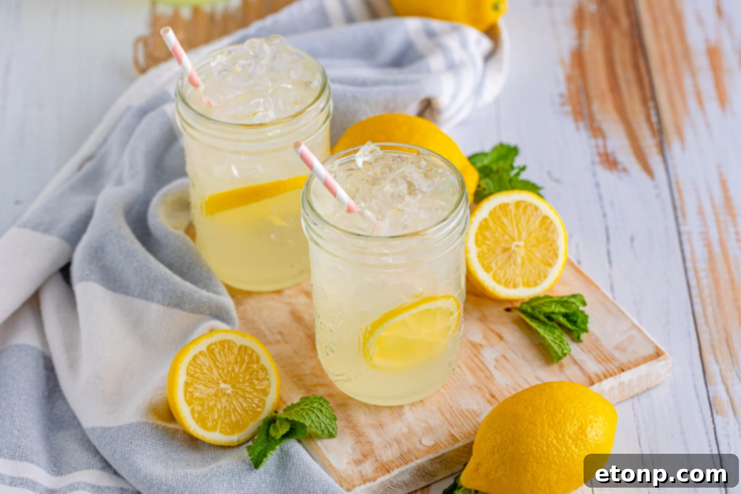 Front view of homemade lemonade in two mason jars, set against a blurred outdoor background, emphasizing relaxation.