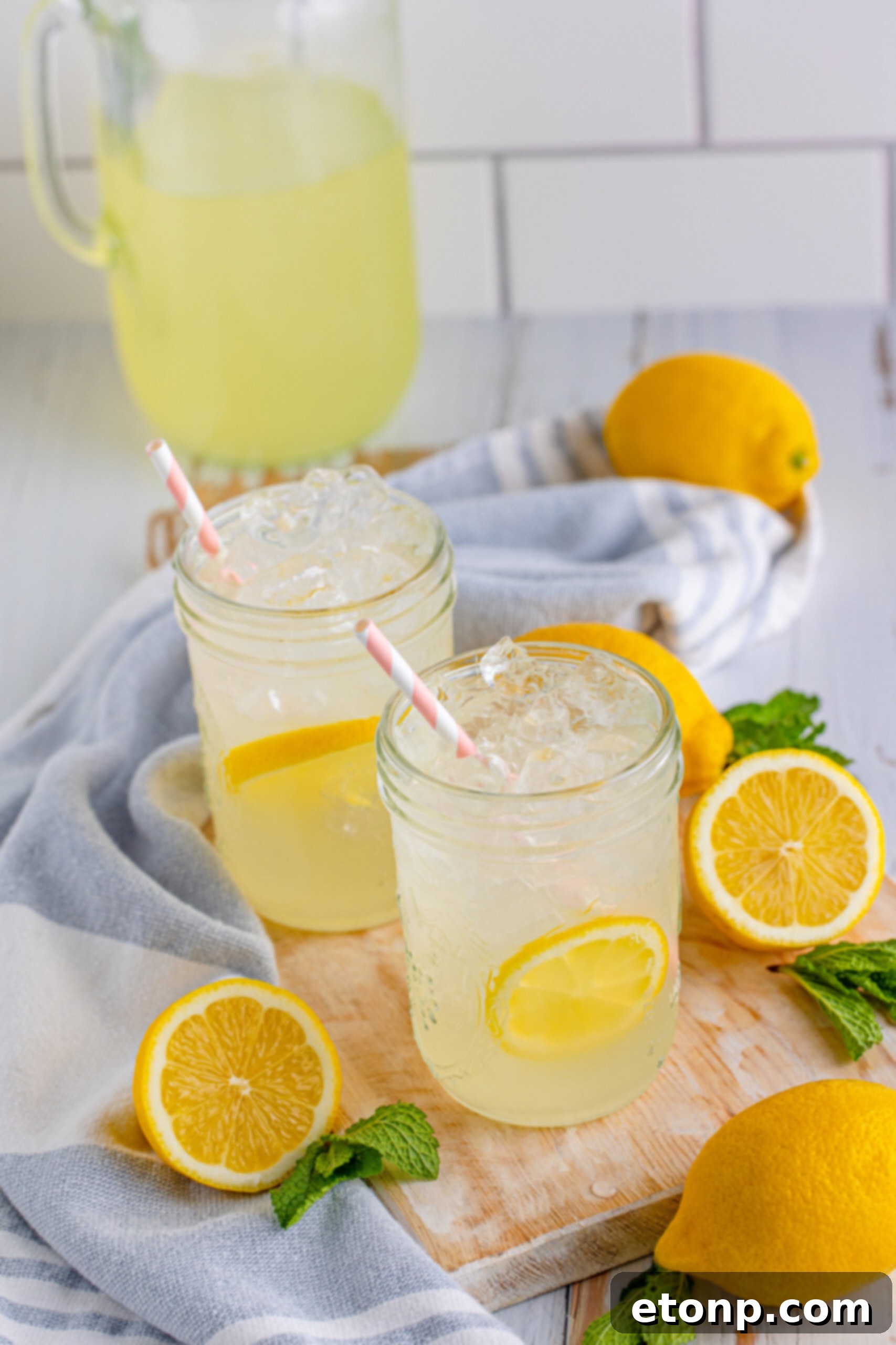 Close-up of homemade lemonade in a mason jar, showcasing its refreshing quality and garnishes.