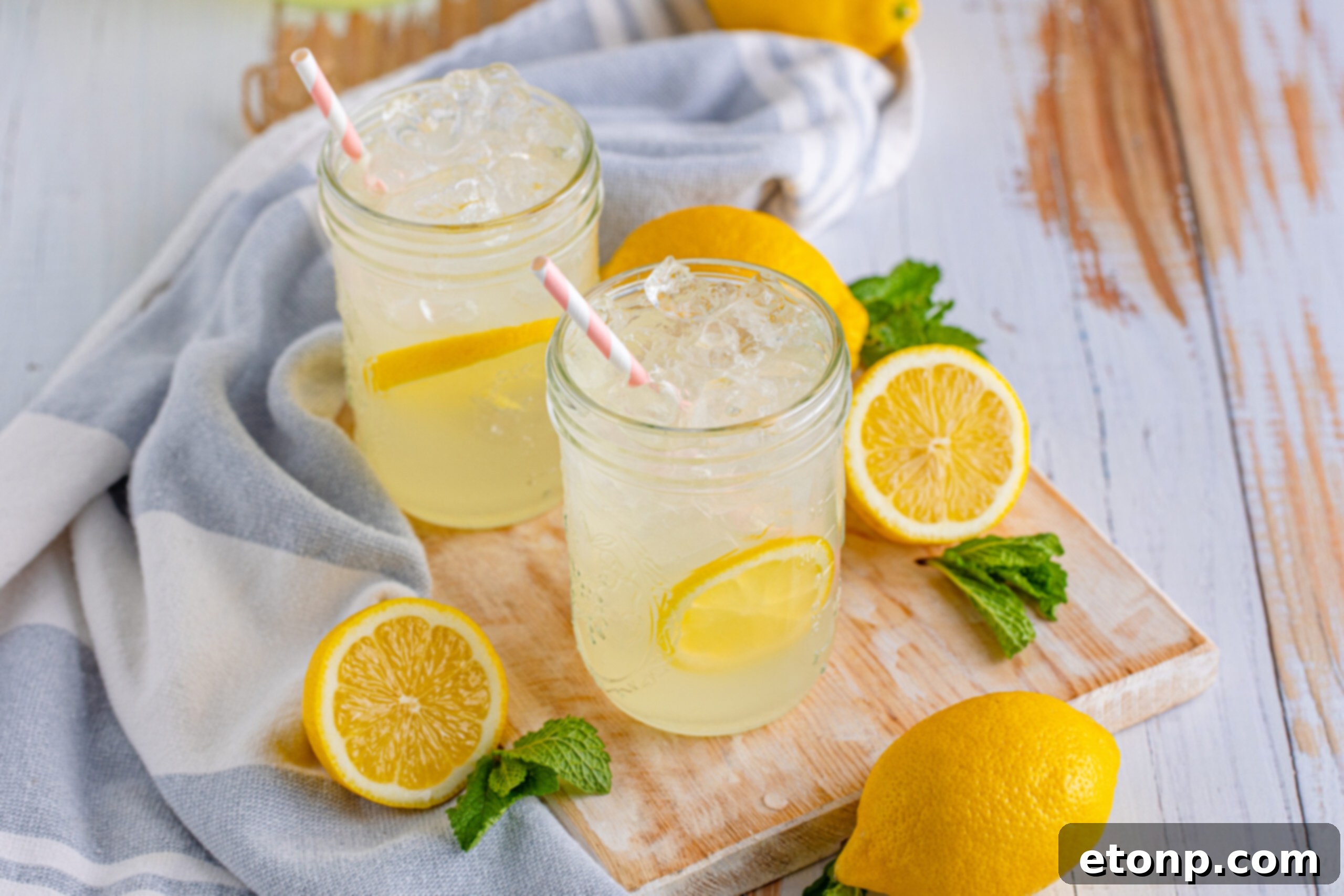 Overhead view of two mason jars of homemade lemonade with lemon slices, showcasing its refreshing appeal.