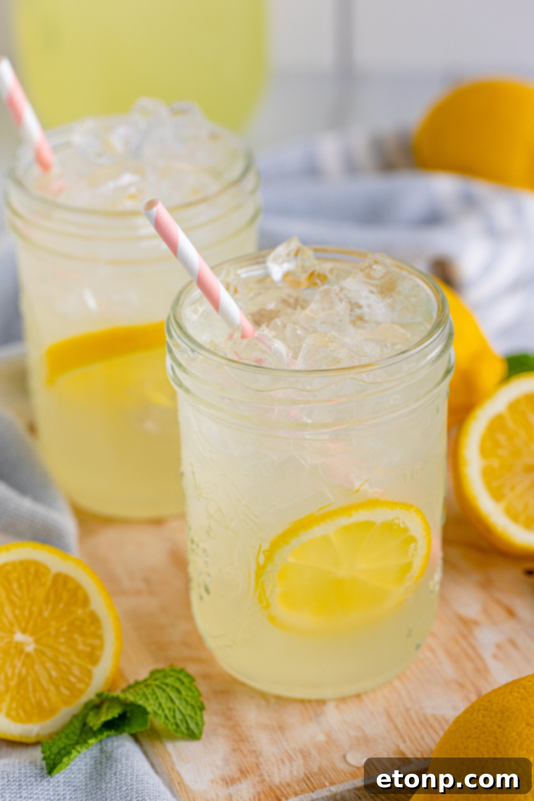 Another perspective of homemade lemonade in mason jars, emphasizing its inviting and refreshing appearance.