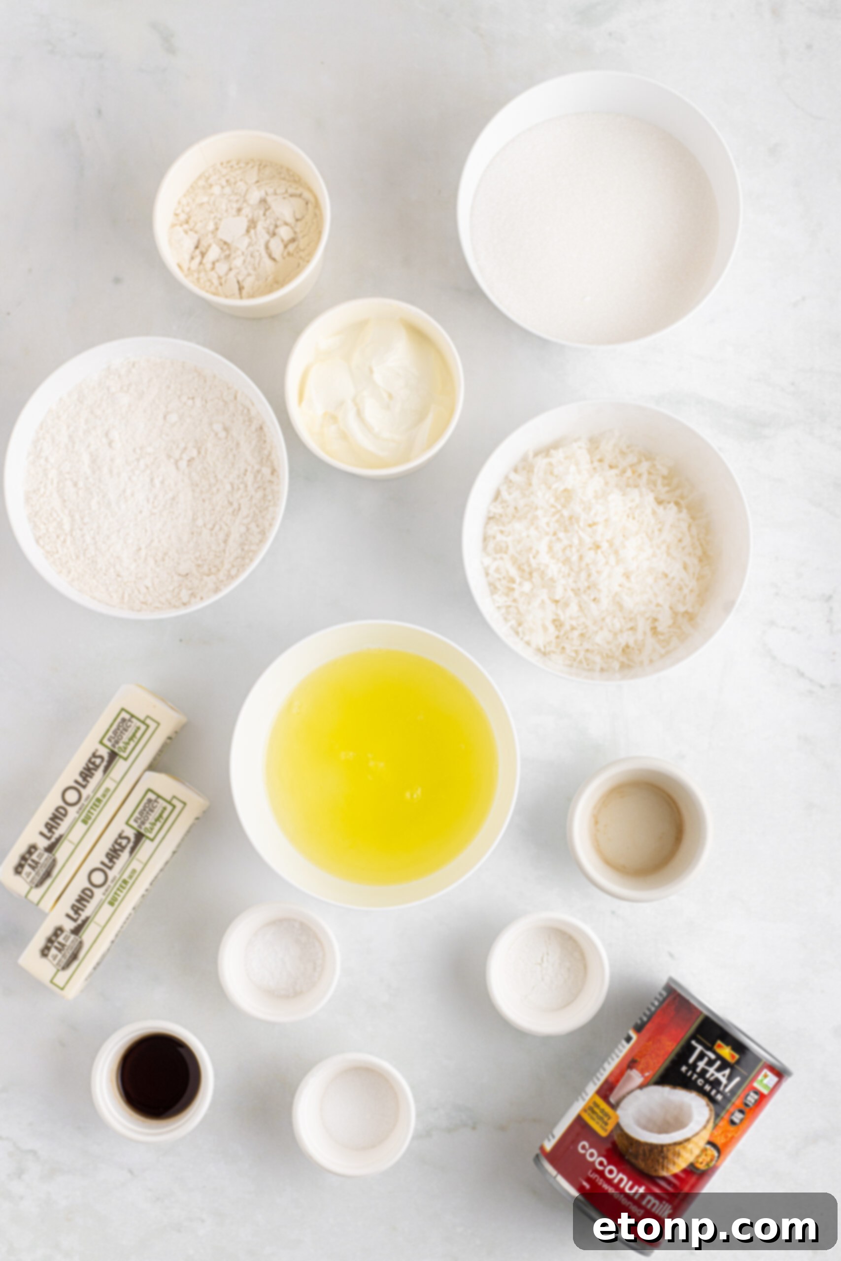 Overhead view of the essential ingredients meticulously arranged on a clean surface, ready for preparing this delightful Coconut Layer Cake.