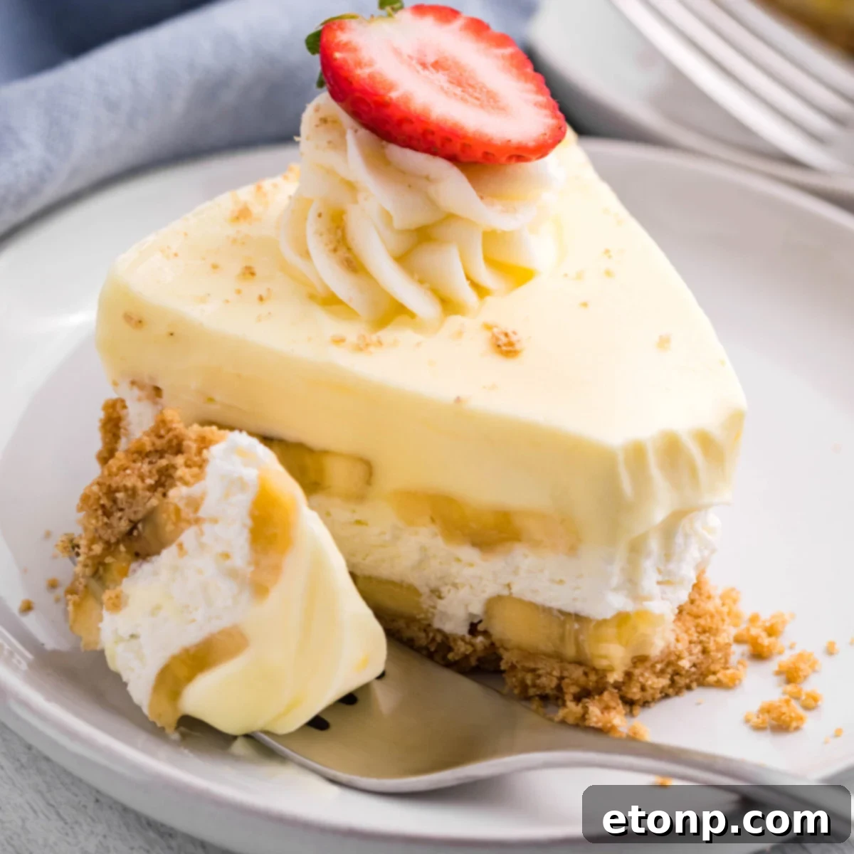 banana pudding cheesecake up close on a white serving plate, highlighting the smooth texture and creamy layers of the dessert.