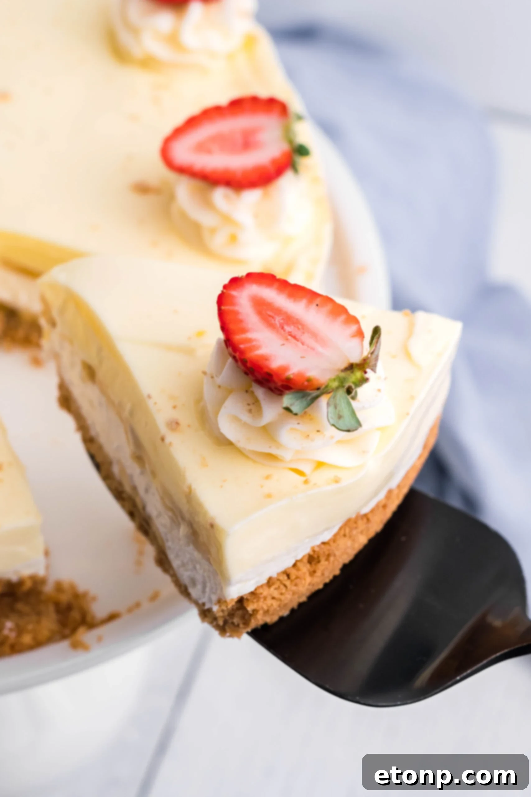Close up view of a perfectly sliced piece of Banana Cream Cheesecake on a black cake server, highlighting its smooth texture and layers.