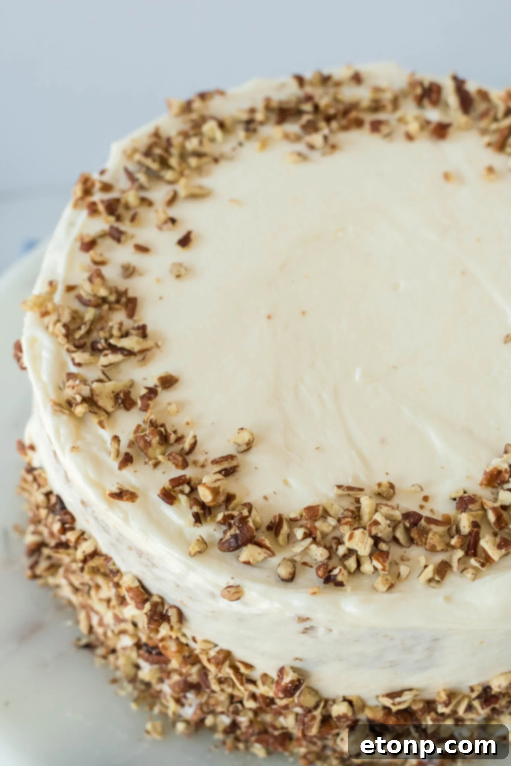 Close up view of Carrot Cake Cheesecake on a marble cake stand.
