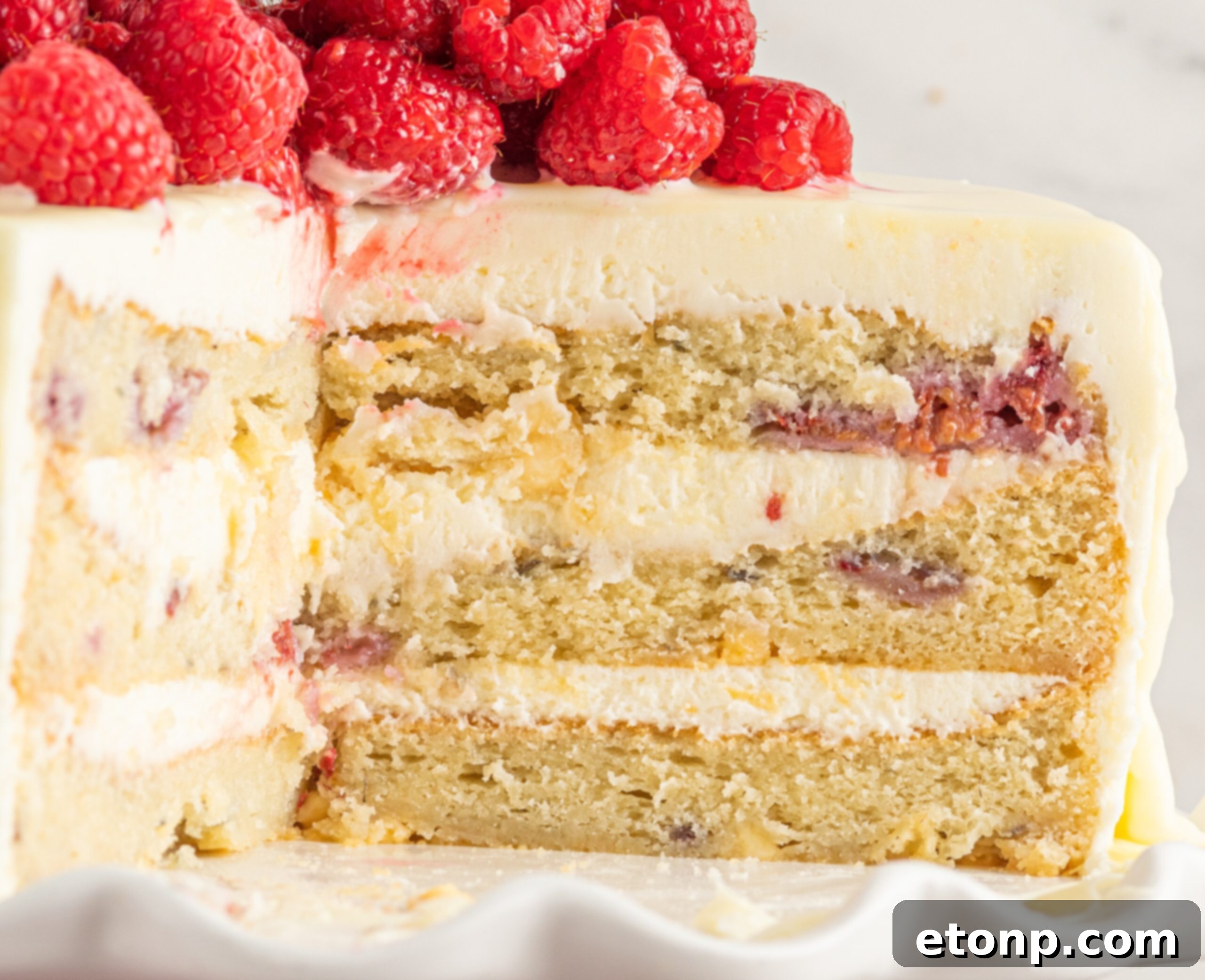 up close shot of the cake showing the inside layers