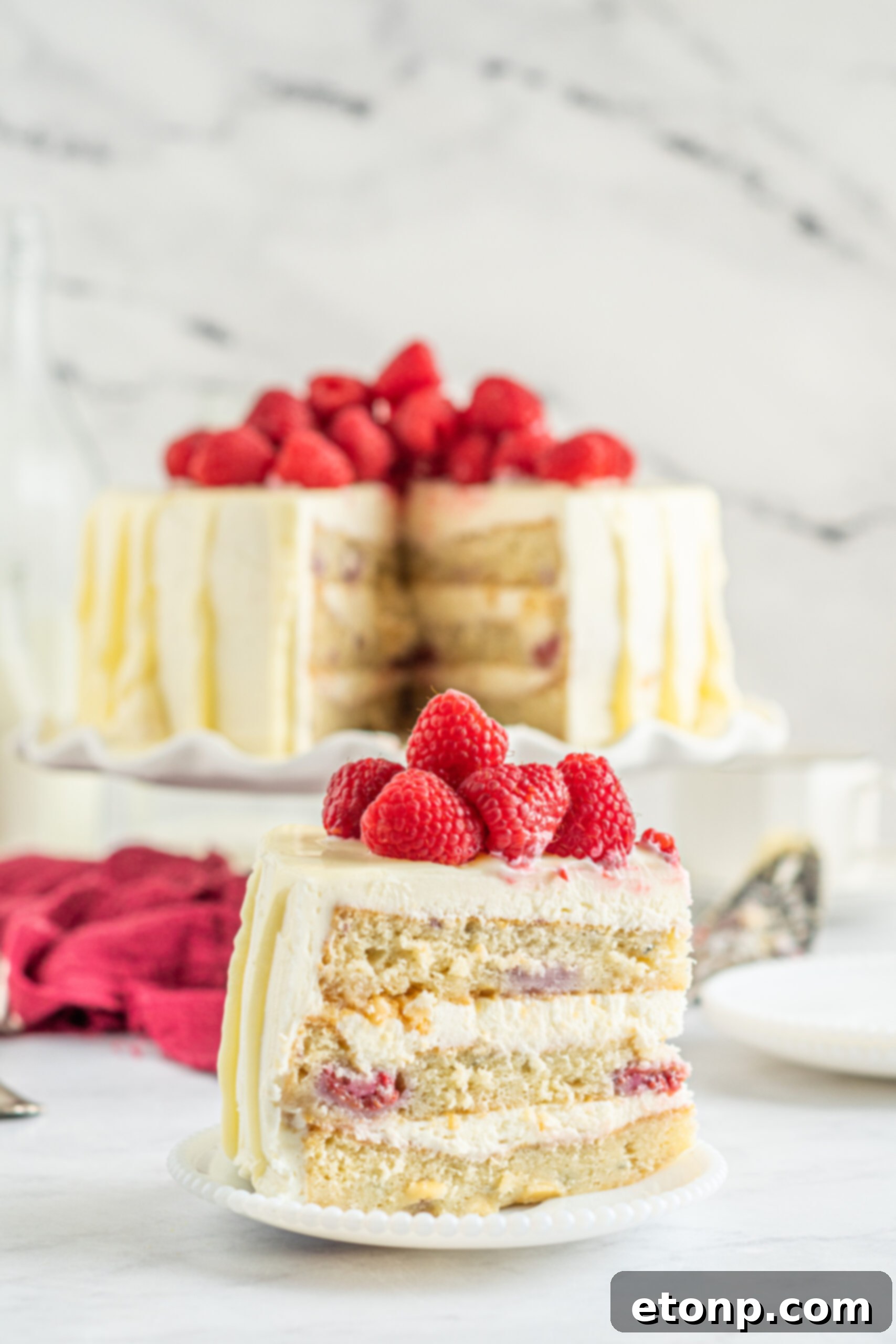 Side view of a slice of White Chocolate Cake with Raspberries on a white plate.
