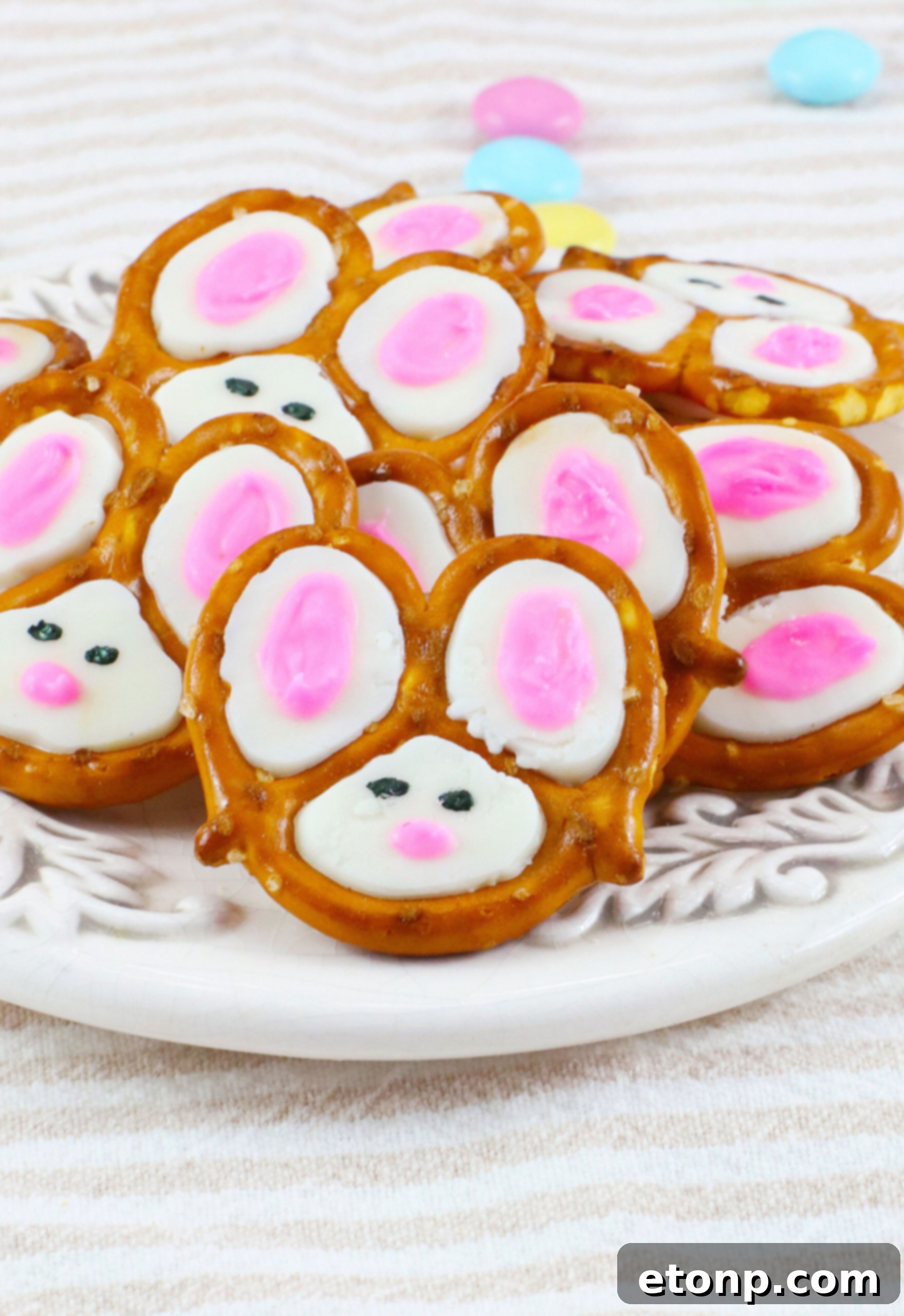 Front view of a pile of Bunny Pretzels on a white dish, showcasing their charming design.