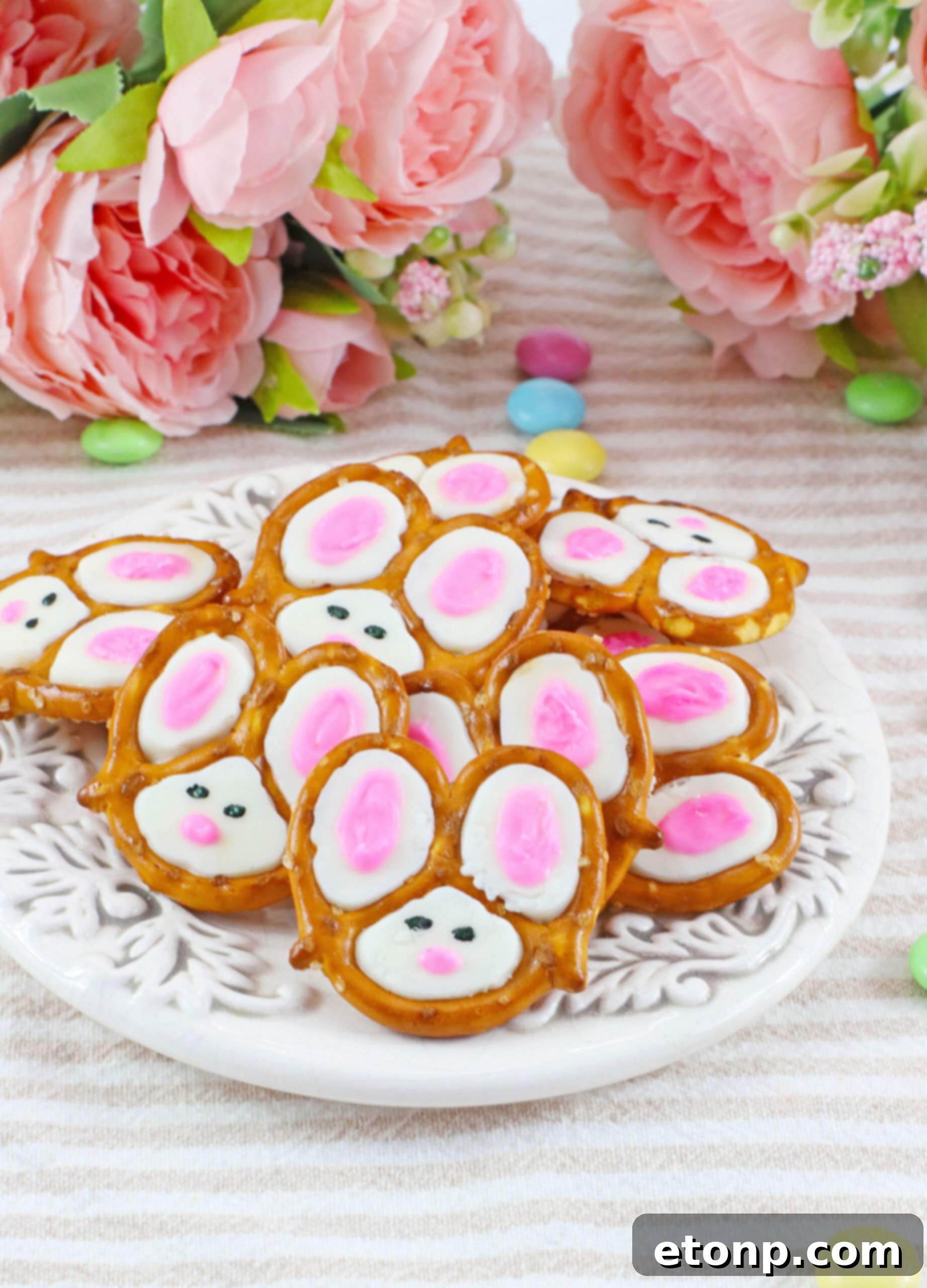 Front view of a pile of Bunny Pretzels on a white dish, showcasing their appealing presentation.
