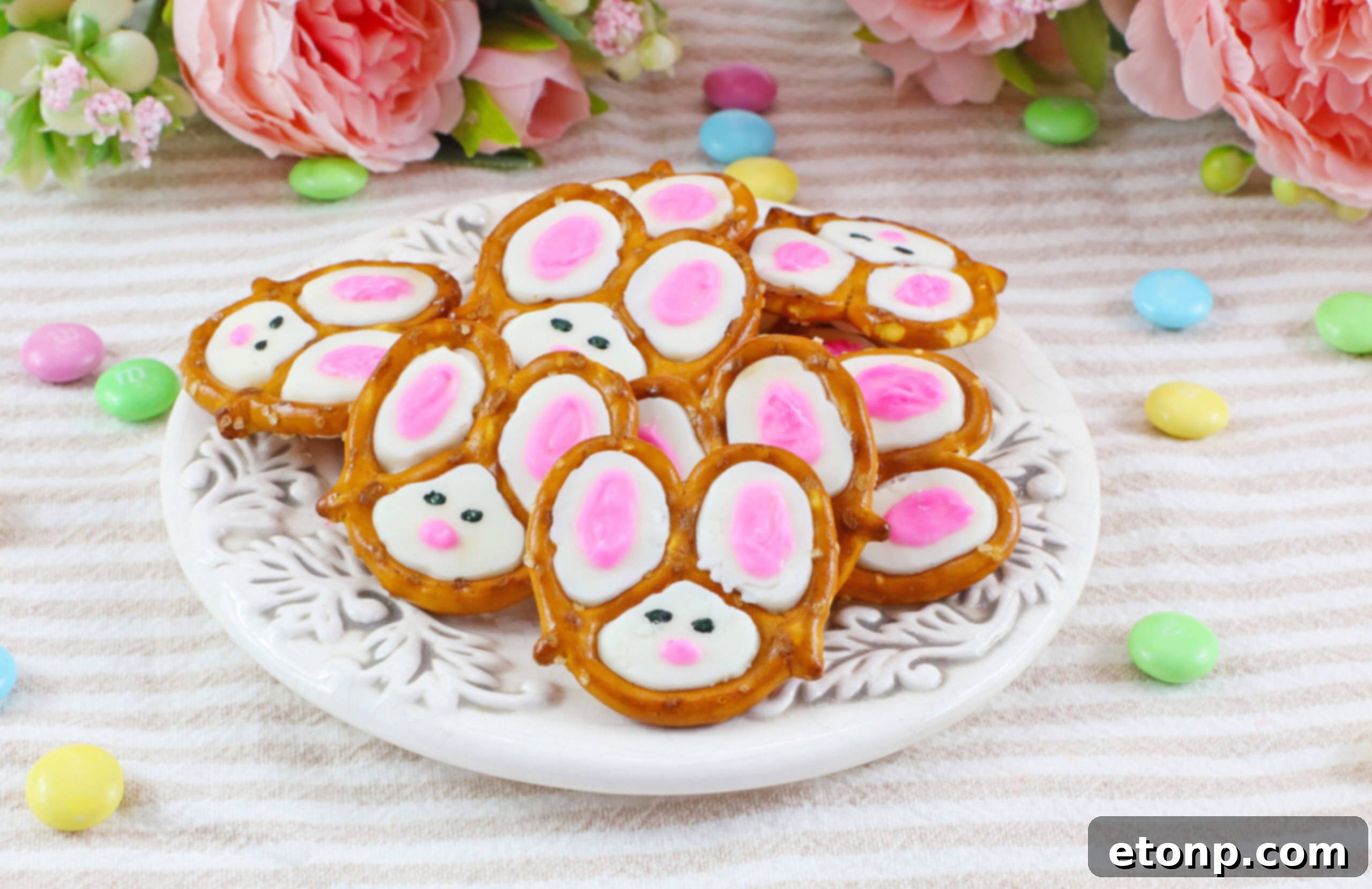 Front view of a pile of Bunny Pretzels arranged on a white dish, highlighting their vibrant colors.