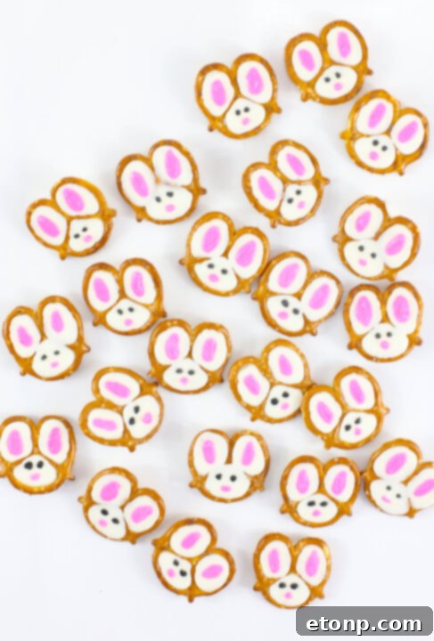 An assortment of Bunny Pretzels, some with varying facial expressions.