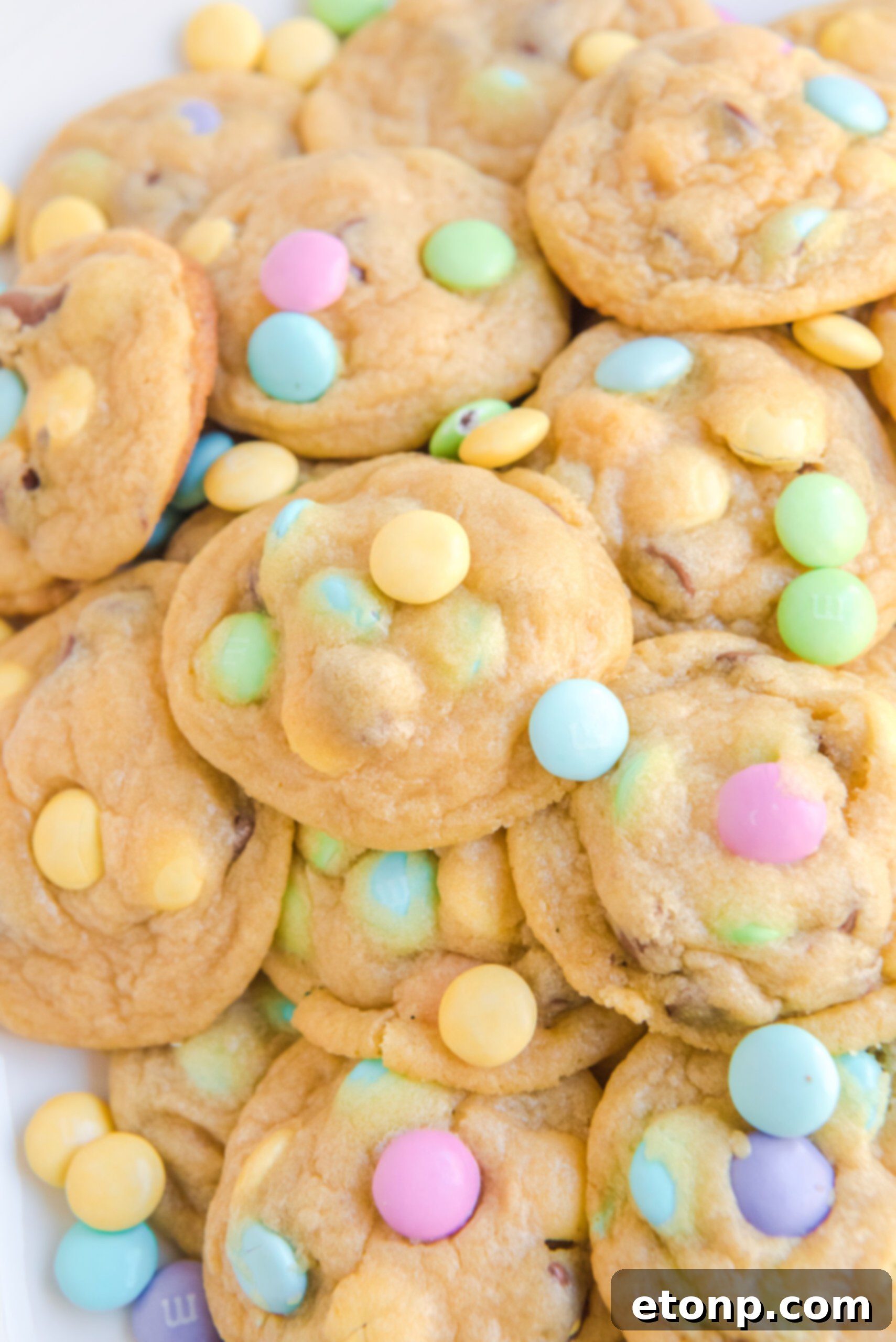 Close up view of a stack of Easter Pudding Cookies.