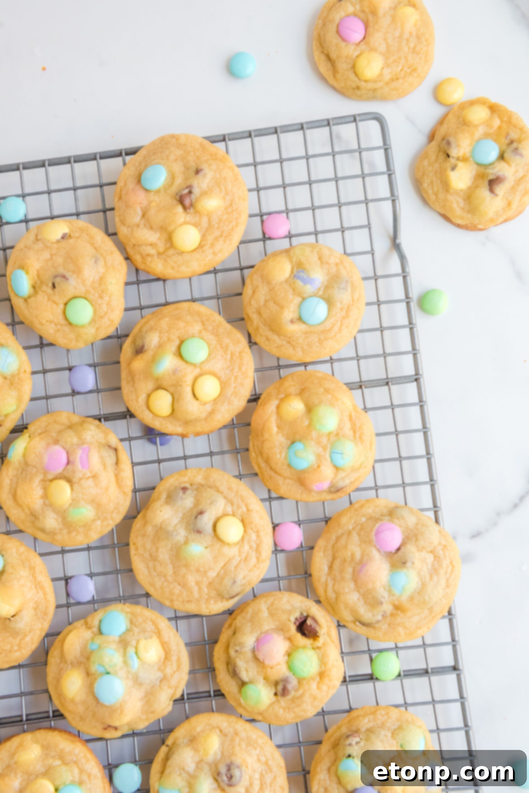 Overhead view of Easter Pudding Cookies on a wire rack.