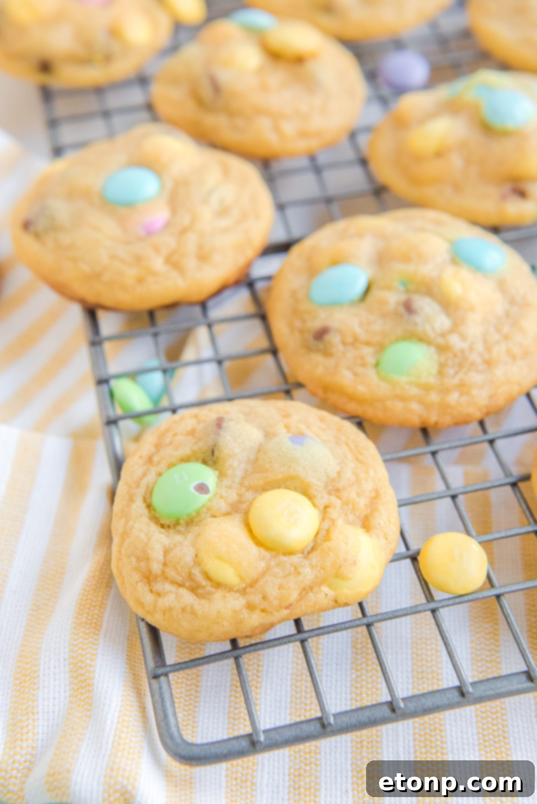 Close up view of Easter Pudding Cookies on a wire rack.