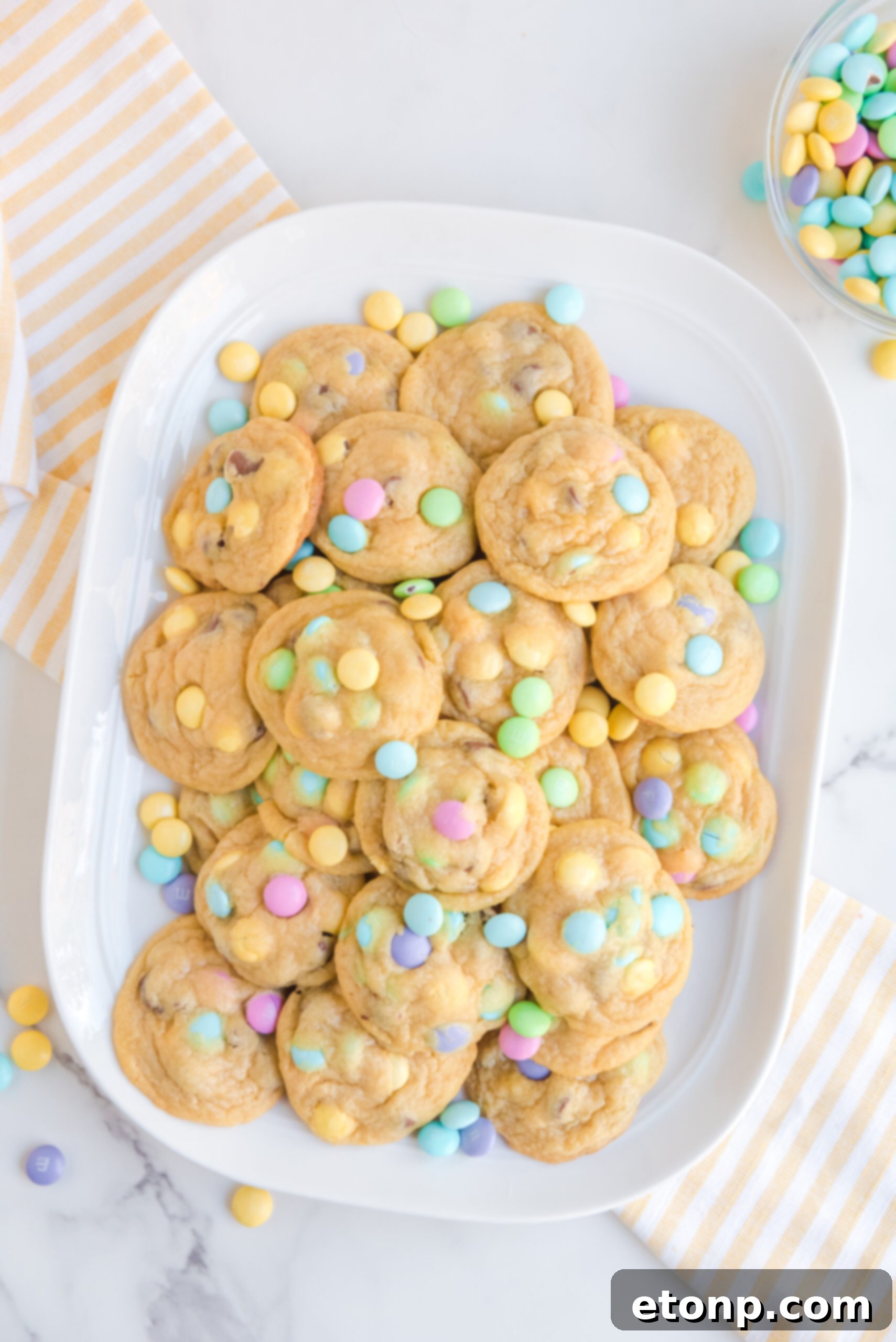 Overhead view of Easter Pudding Cookies on a white serving dish.