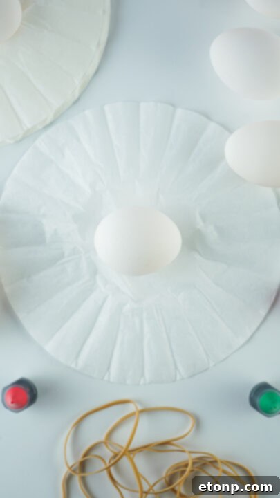 Step-by-step image of placing egg in coffee filter.