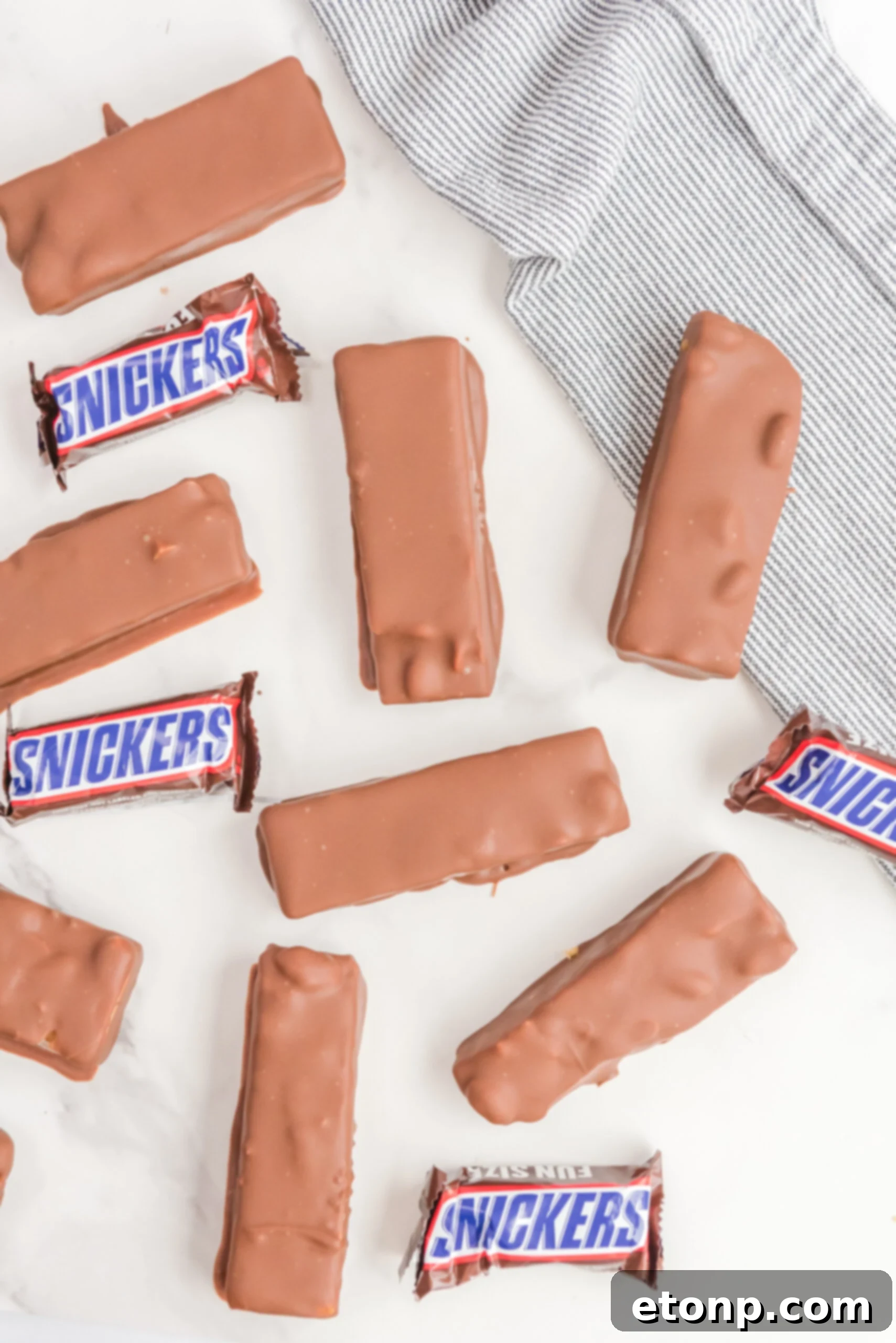 Overhead view of Homemade Snickers Bars.