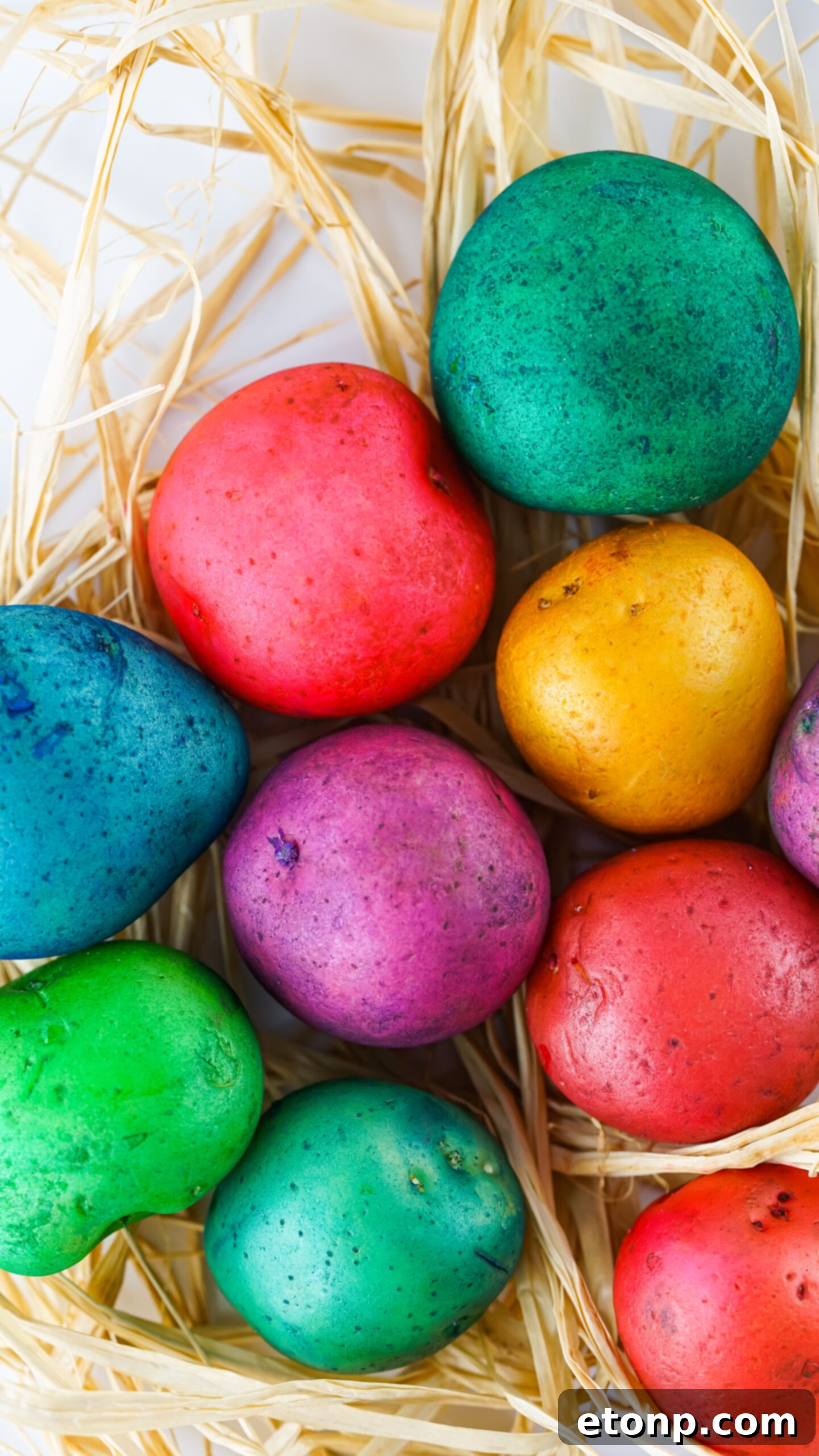 Overhead view of brightly Dyed Easter Egg Potatoes on a bed of straw, showcasing their vibrant colors and unique patterns.
