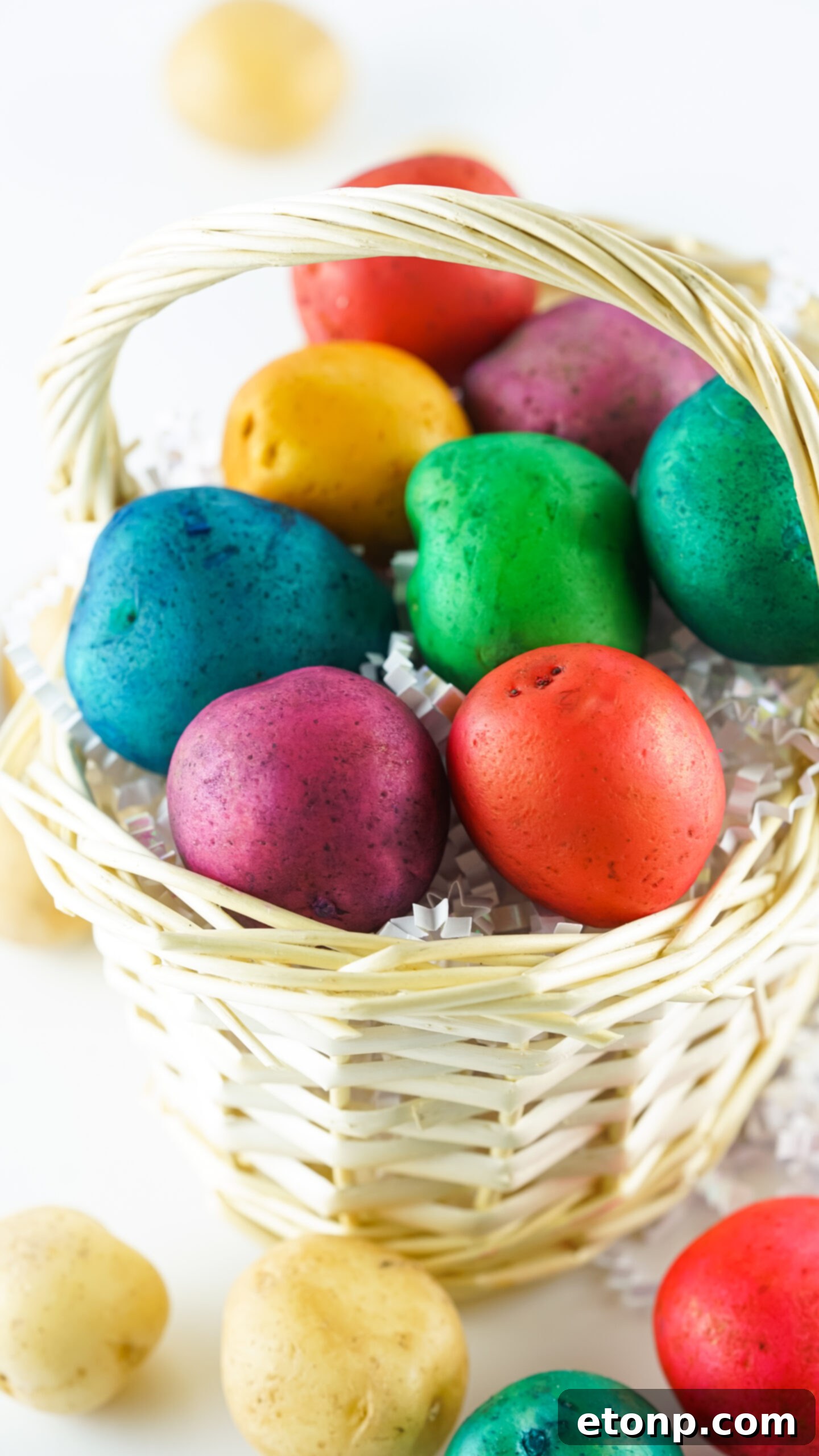 Front view of a display of Dyed Easter Egg Potatoes in a tan basket, serving as a festive centerpiece.