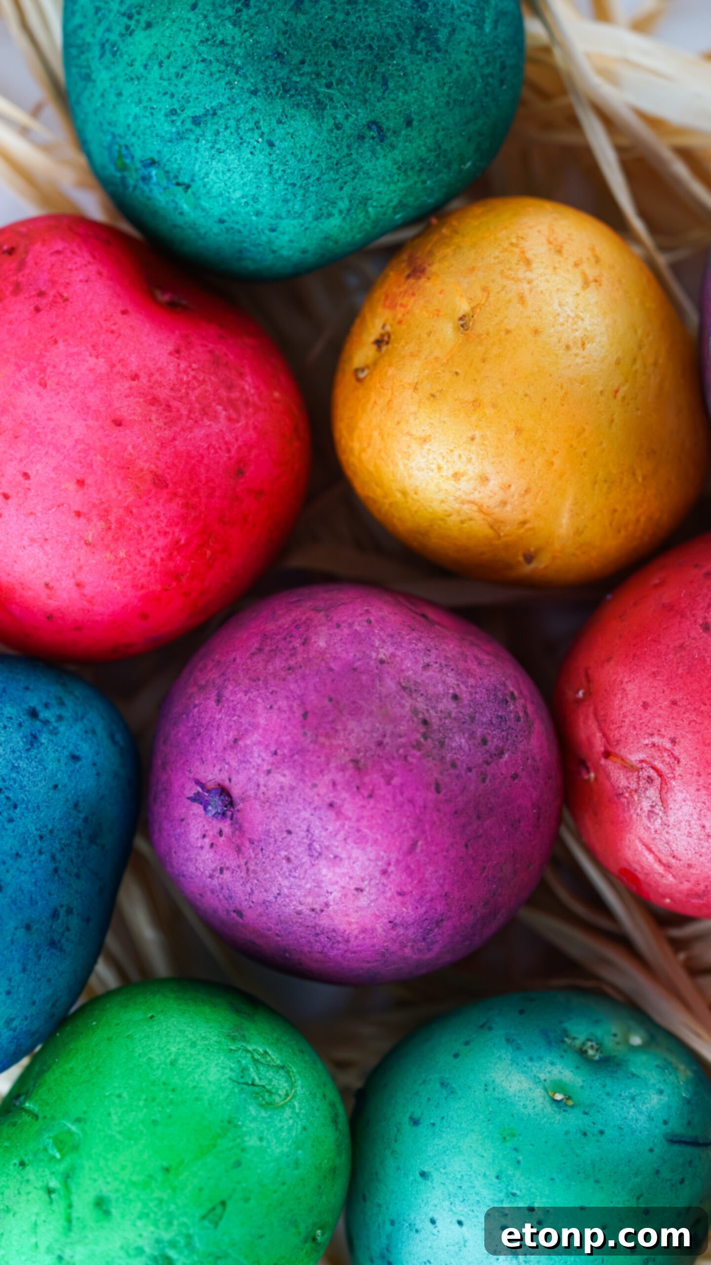 Another overhead perspective of Dyed Easter Egg Potatoes, highlighting the diverse range of colors and designs achieved.