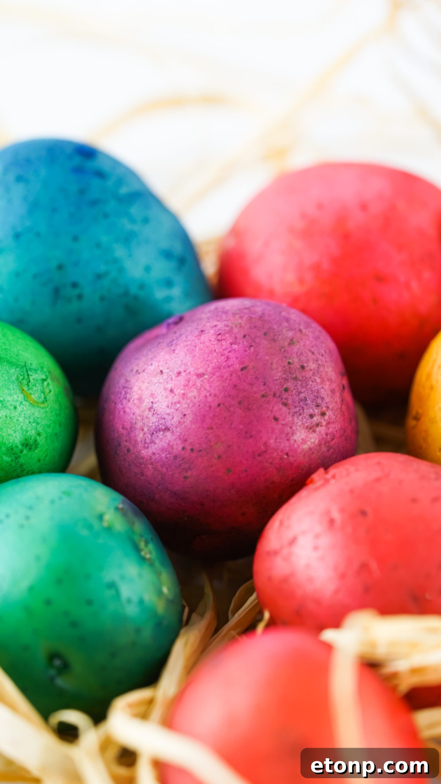 A close-up view of a selection of colorful Dyed Easter Egg Potatoes nestled in straw, emphasizing their texture and handcrafted charm.